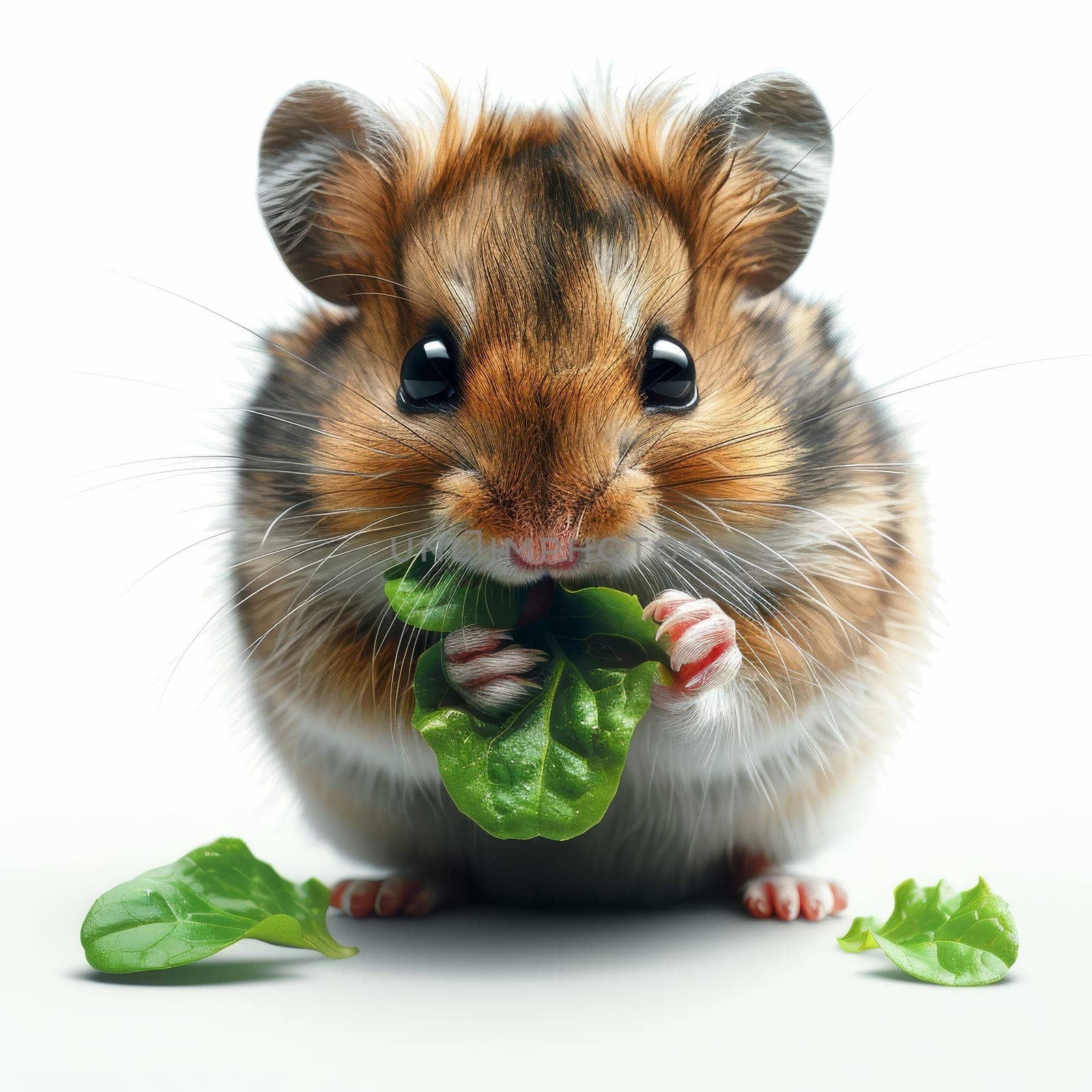 A small, fluffy hamster sits on a white surface, munching on a piece of fresh lettuce. Its shiny eyes and soft fur create a charming and delightful view of this adorable pet.