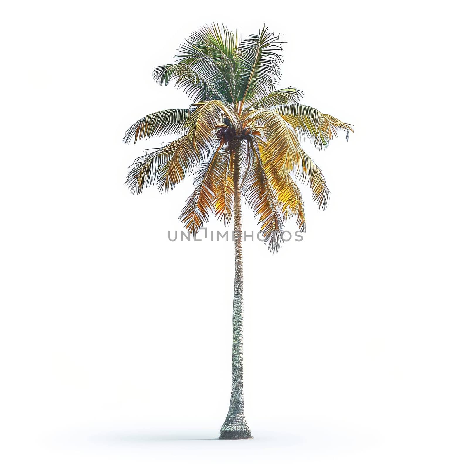 A single tall palm tree stands prominently with its lush, green fronds reaching upwards.