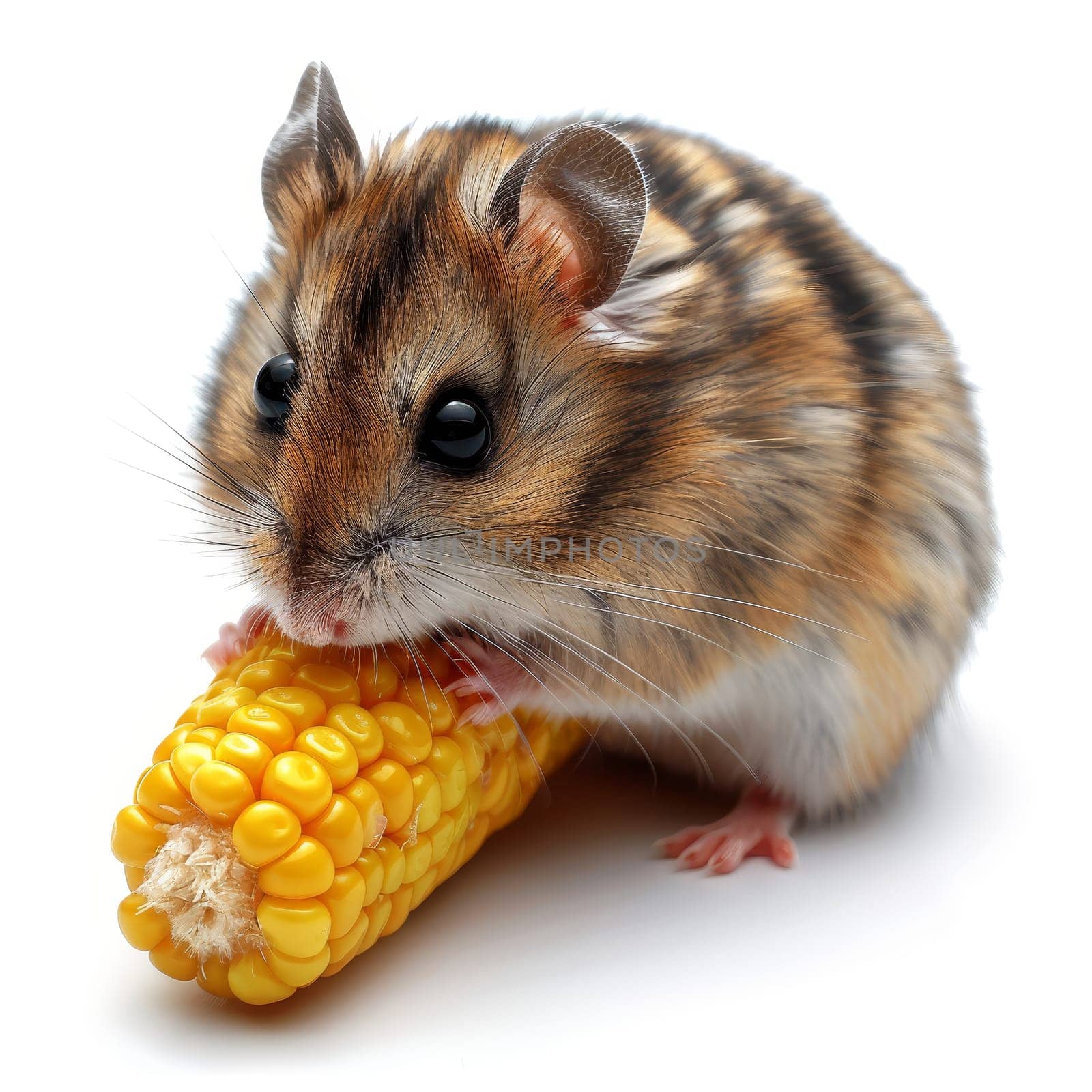 A small hamster with brown and beige fur is happily munching on a yellow piece of corn. The setting is clean and bright, indicating a cozy indoor atmosphere during the day.