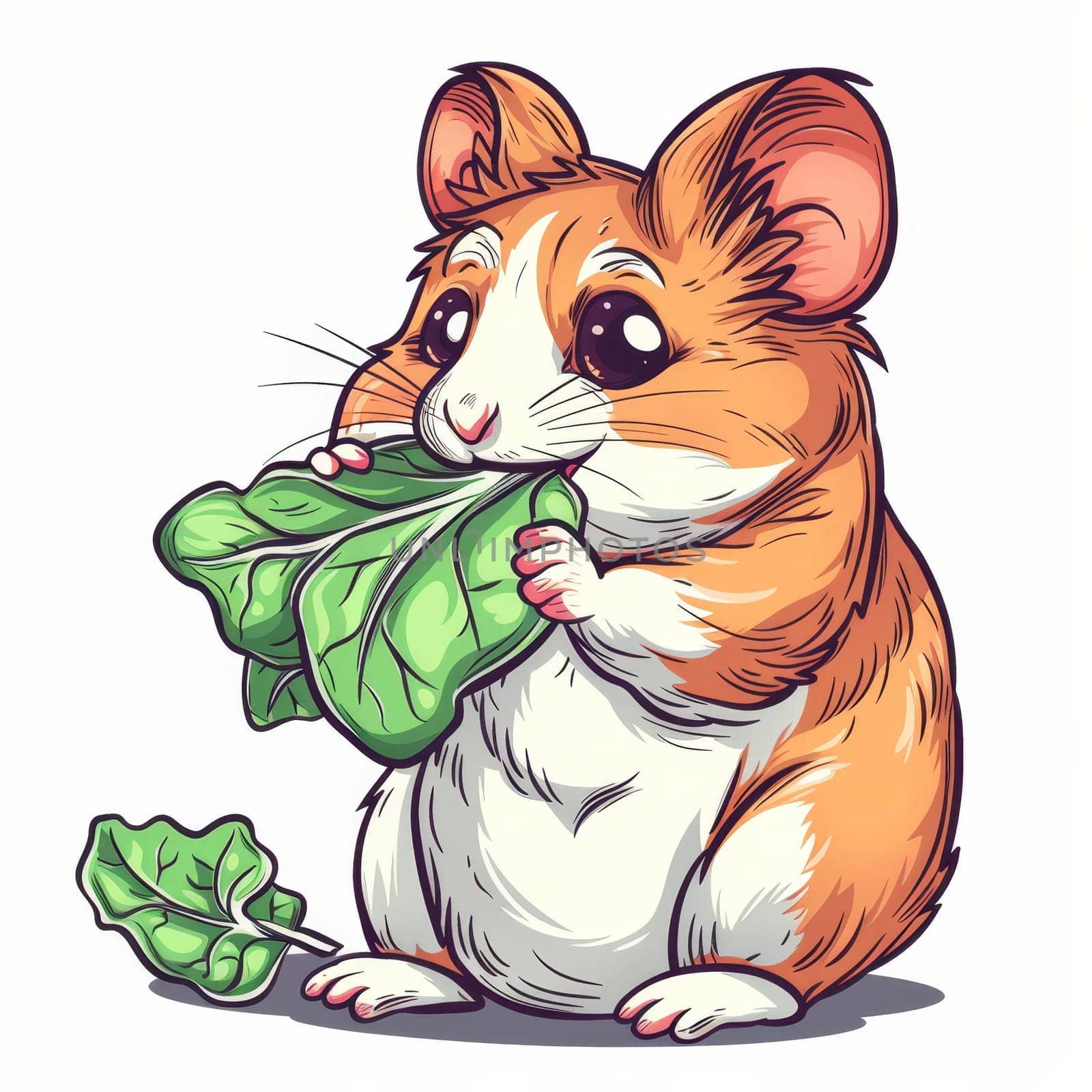 A cheerful hamster munches on a large leaf of spinach, showcasing its fluffy orange and white fur. The animal's big eyes sparkle with delight as it nibbles, evoking a sense of playful joy.