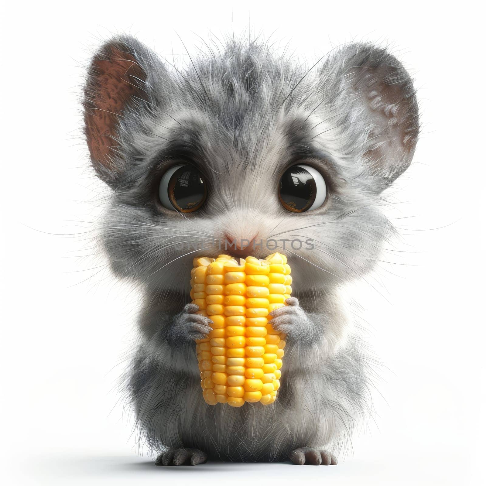 A cute, small furry creature with large eyes is holding a piece of corn. Its fluffy gray fur contrasts with the vibrant yellow corn, creating an adorable and lively atmosphere.
