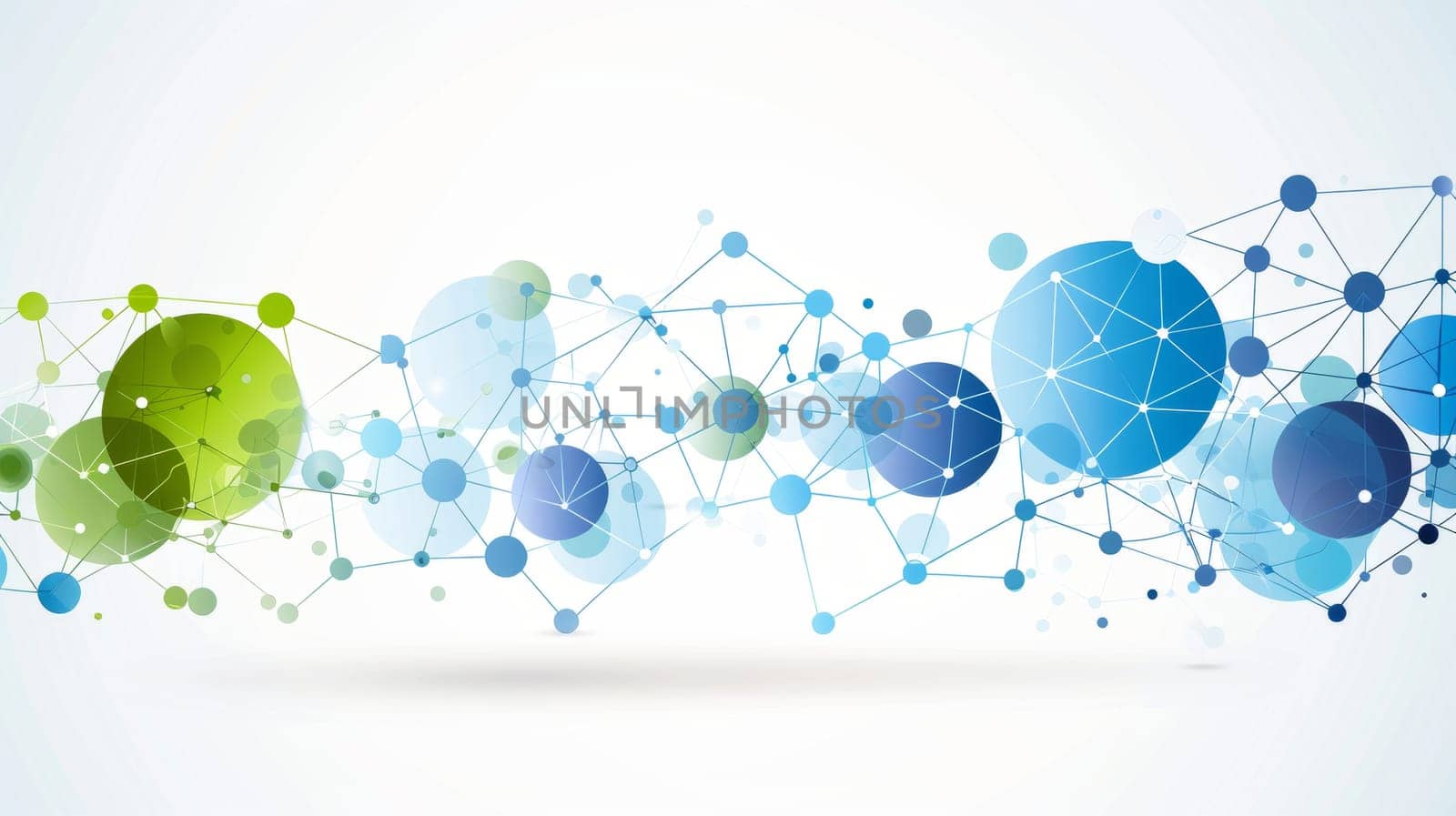This composition features a vibrant network of colorful circles and nodes, symbolizing connections and data flow.