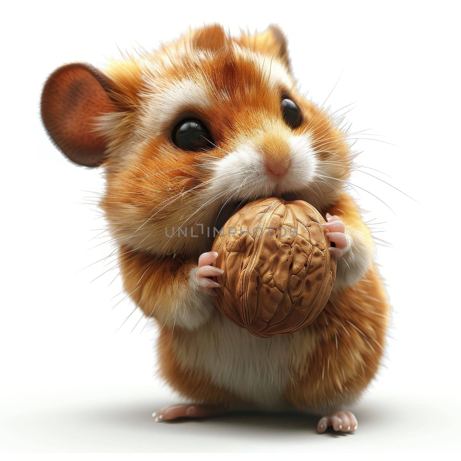 A small hamster with orange and white fur clutches a walnut in its paws. It appears curious and playful, showcasing its adorable features in a bright, clean setting.