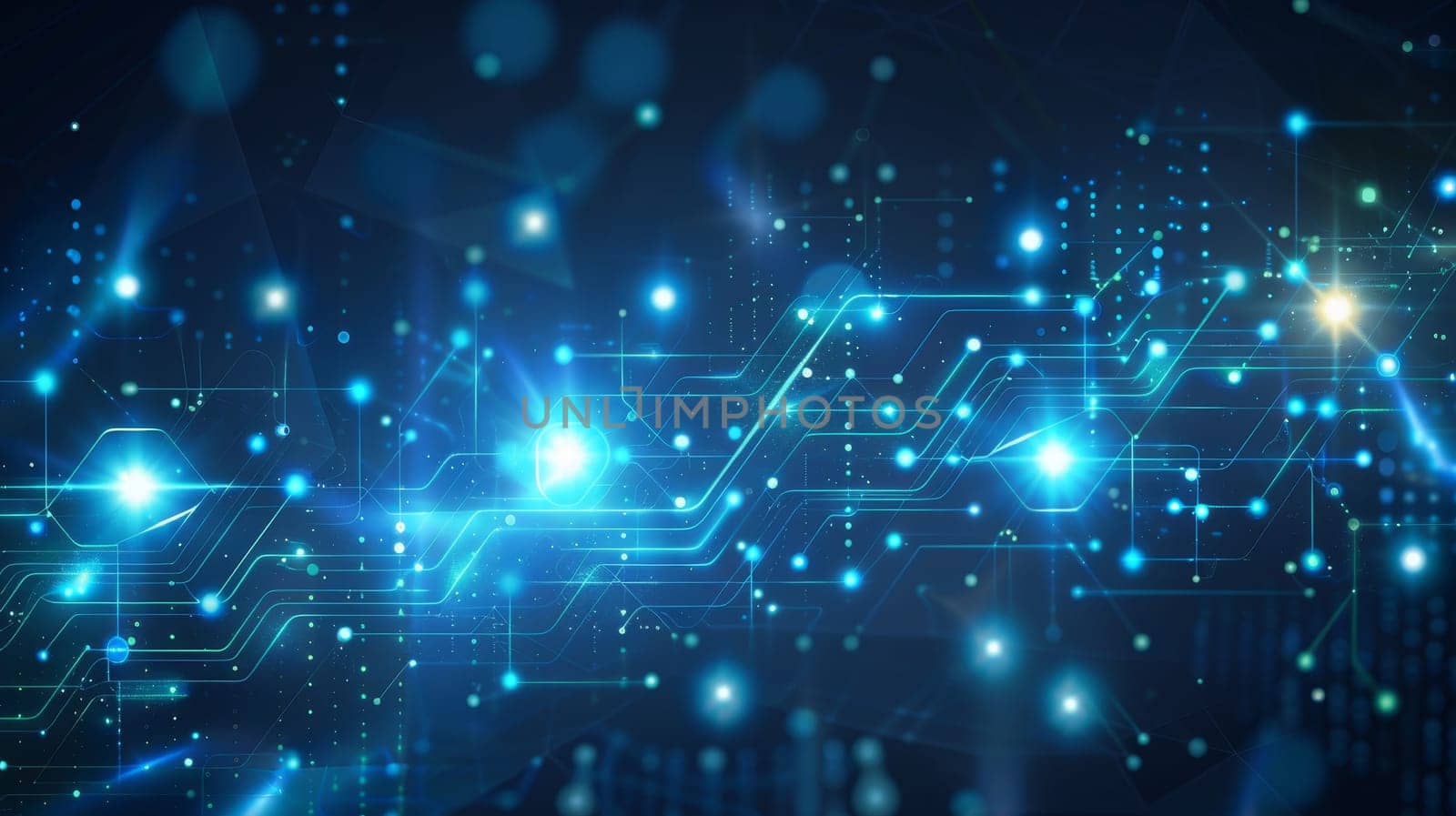 Vivid blue lights illuminate an intricate pattern resembling circuitry against a dark background. The design evokes a sense of technology and digital innovation.