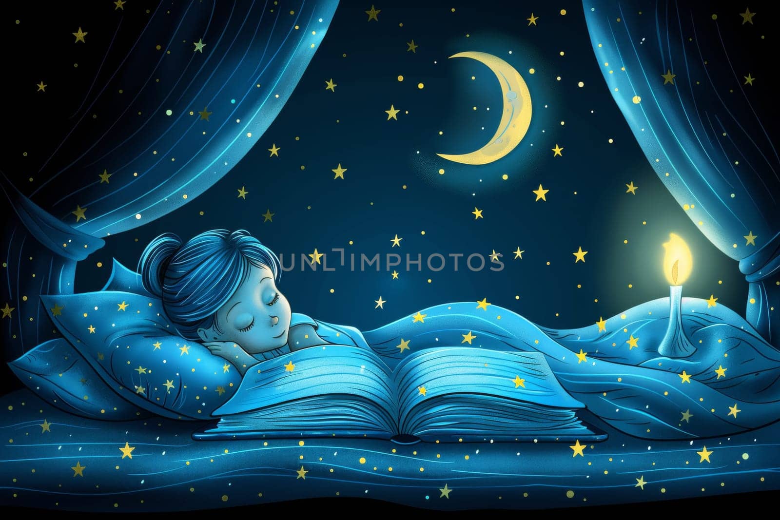 A young child is soundly sleeping in a cozy bed, surrounded by soft blue blankets. Stars twinkle in the night sky outside the window, and a gentle candle flickers beside them.