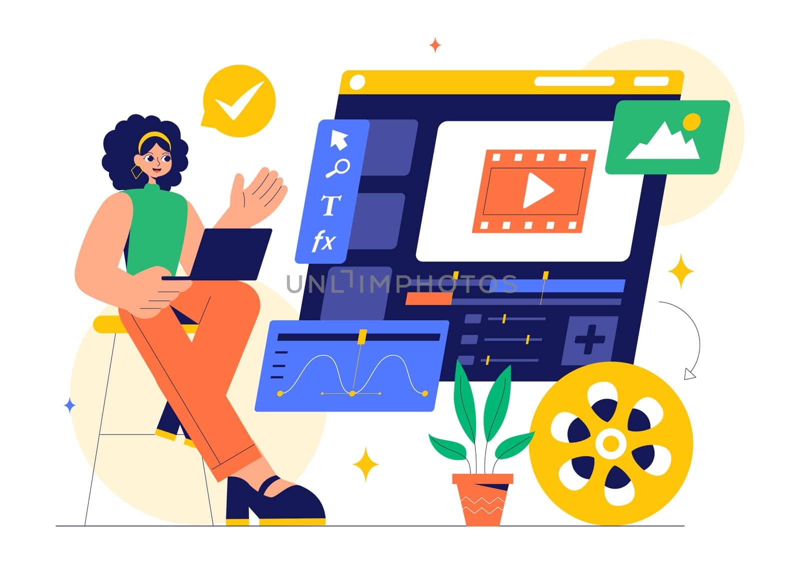 Vector Illustration of a Video Editor Program featuring Video Editing Software for Creating Animated Movies or Clips in a Flat Style Background