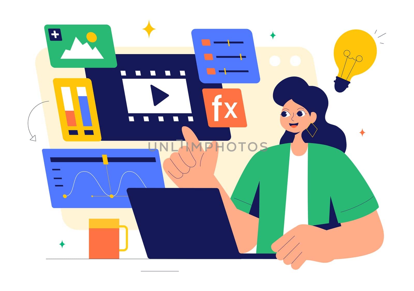 Vector Illustration of a Video Editor Program featuring Video Editing Software for Creating Animated Movies or Clips in a Flat Style Background
