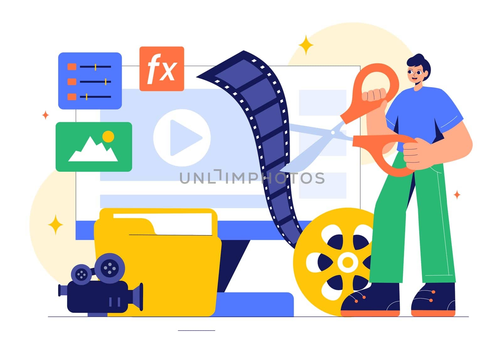 Vector Illustration of a Video Editor Program featuring Video Editing Software for Creating Animated Movies or Clips in a Flat Style Background