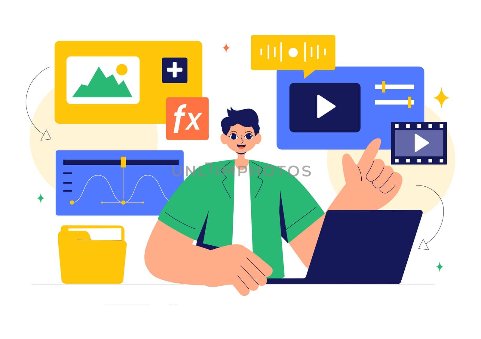 Vector Illustration of a Video Editor Program featuring Video Editing Software for Creating Animated Movies or Clips in a Flat Style Background