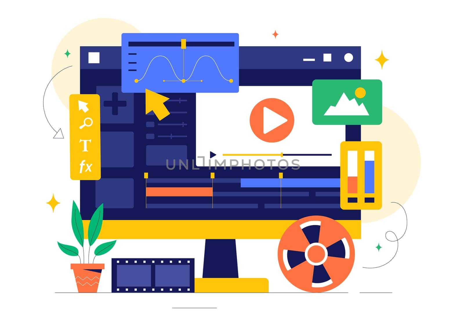 Vector Illustration of a Video Editor Program featuring Video Editing Software for Creating Animated Movies or Clips in a Flat Style Background