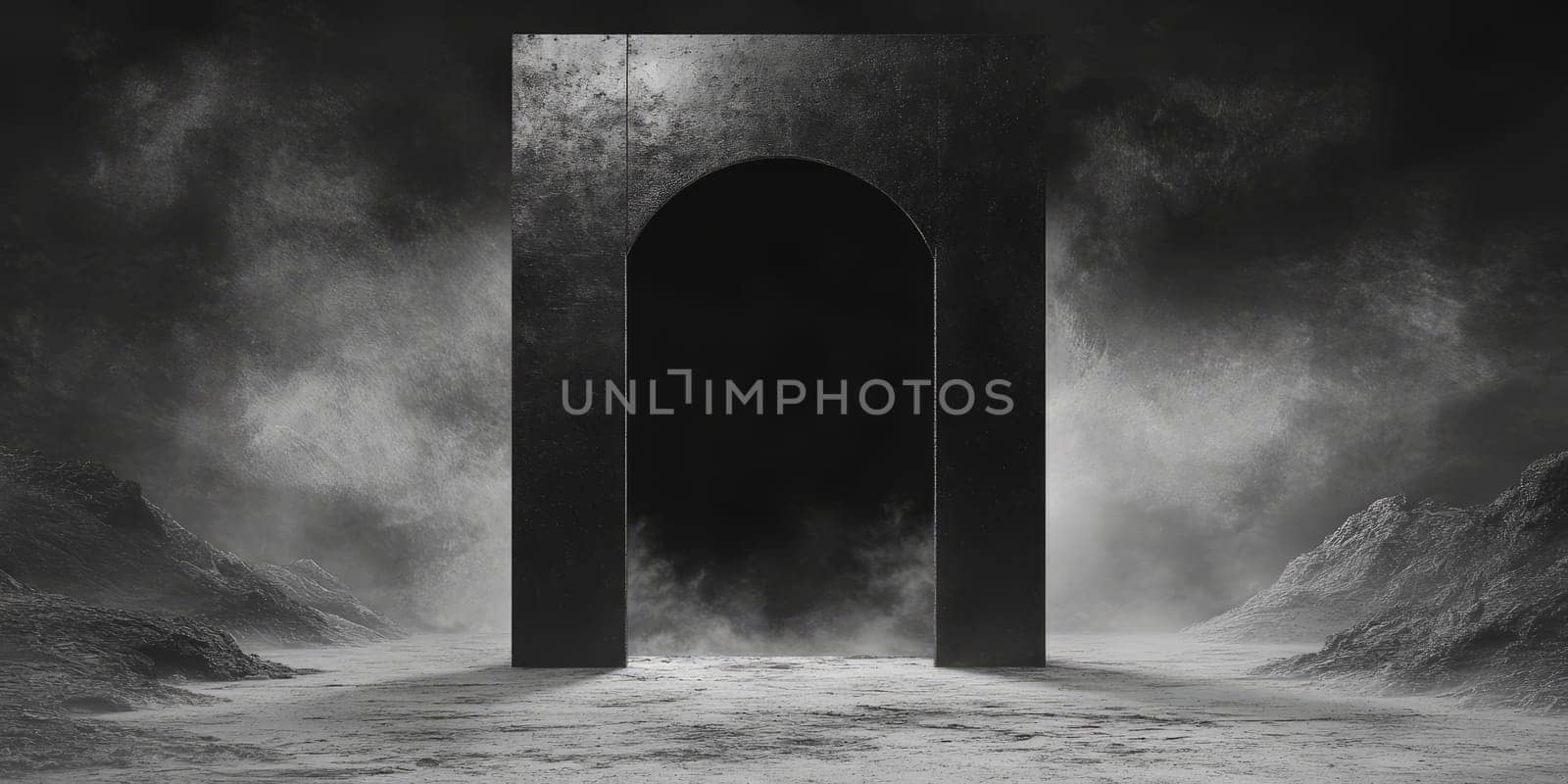 A dark, mysterious archway stands in a foggy, desolate landscape, creating an eerie and dramatic atmosphere.