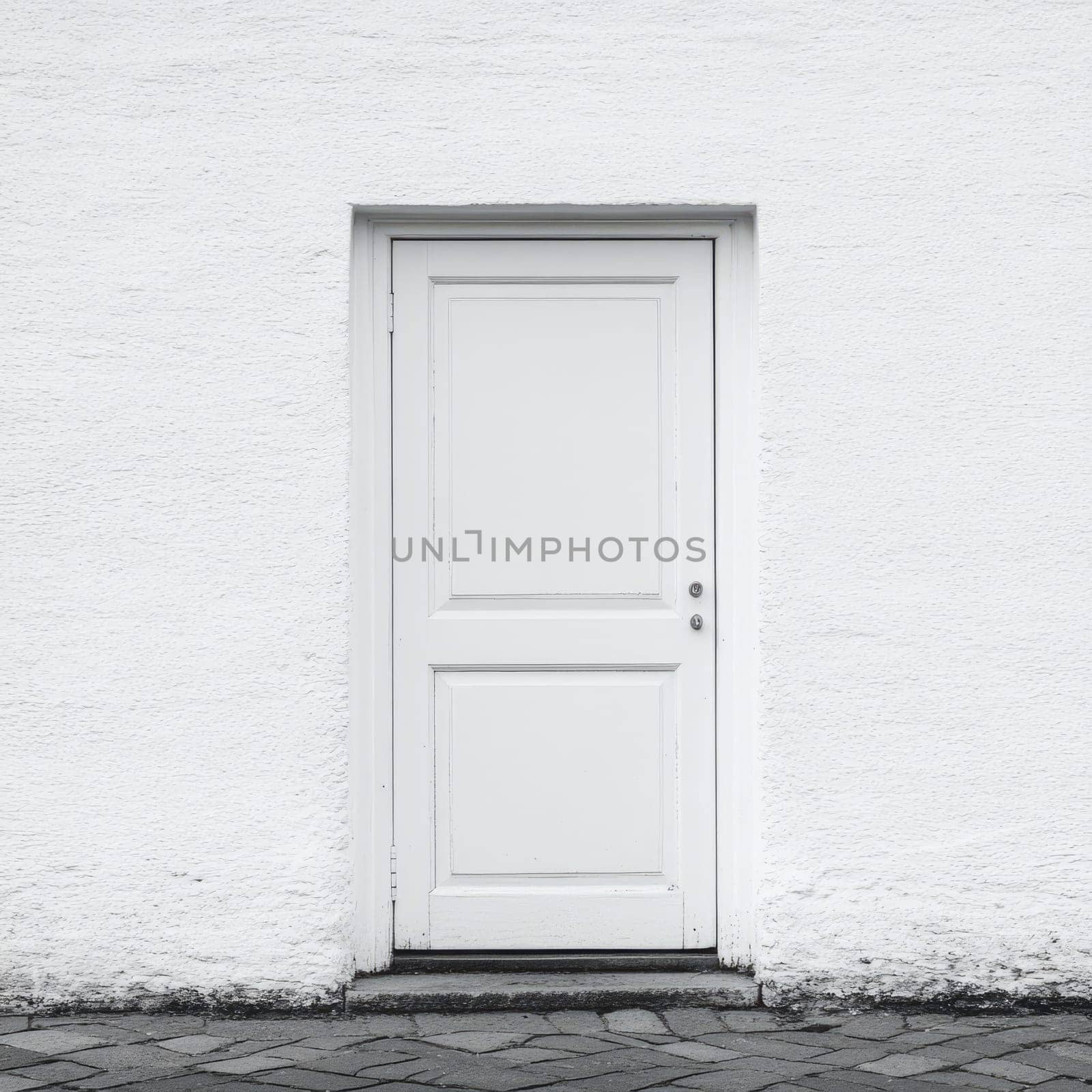 A simple white door on a textured wall, showcasing minimalist design and modern architecture.