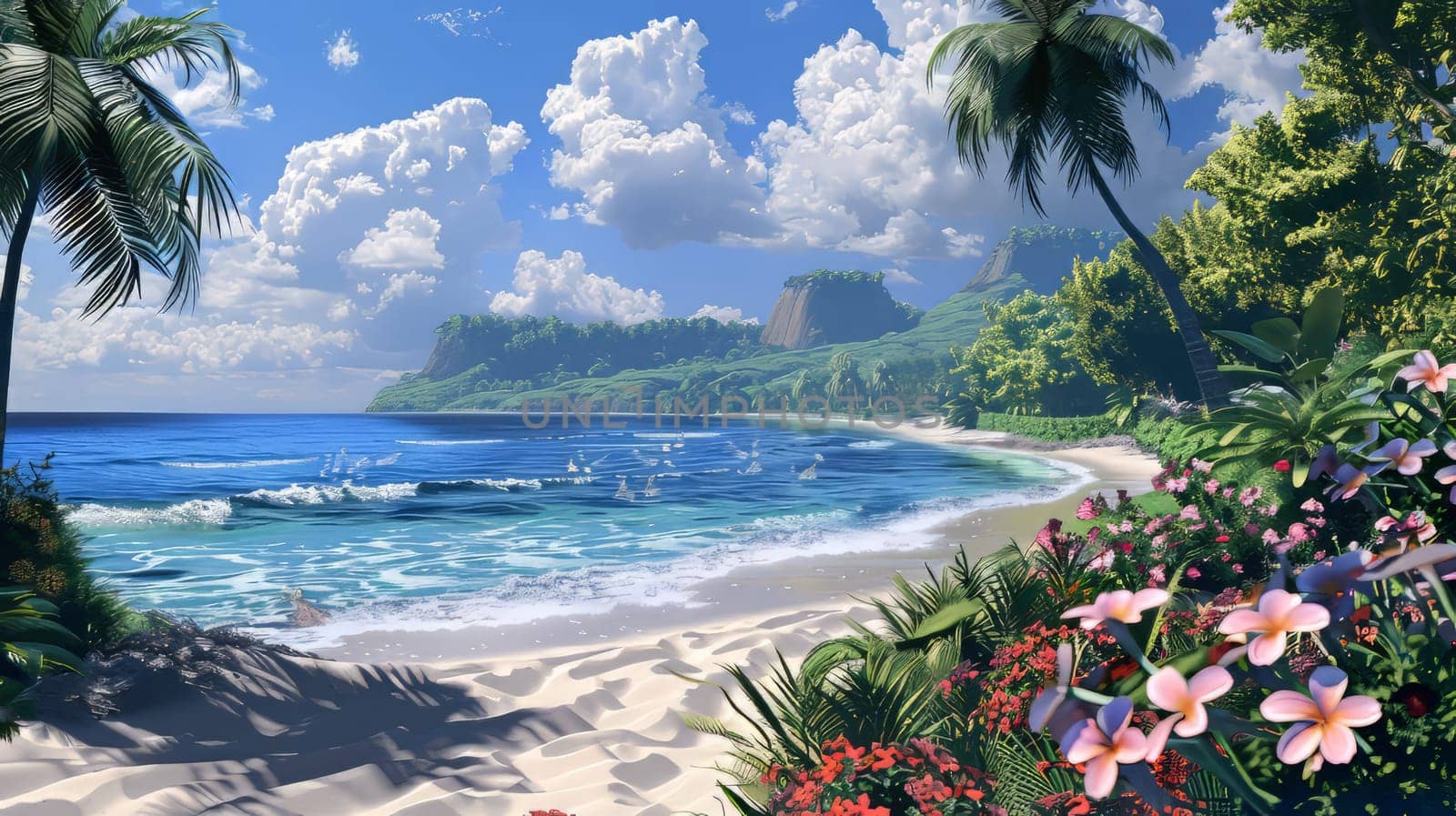 Artistic rendering of a tropical beach with palm trees and flowers
