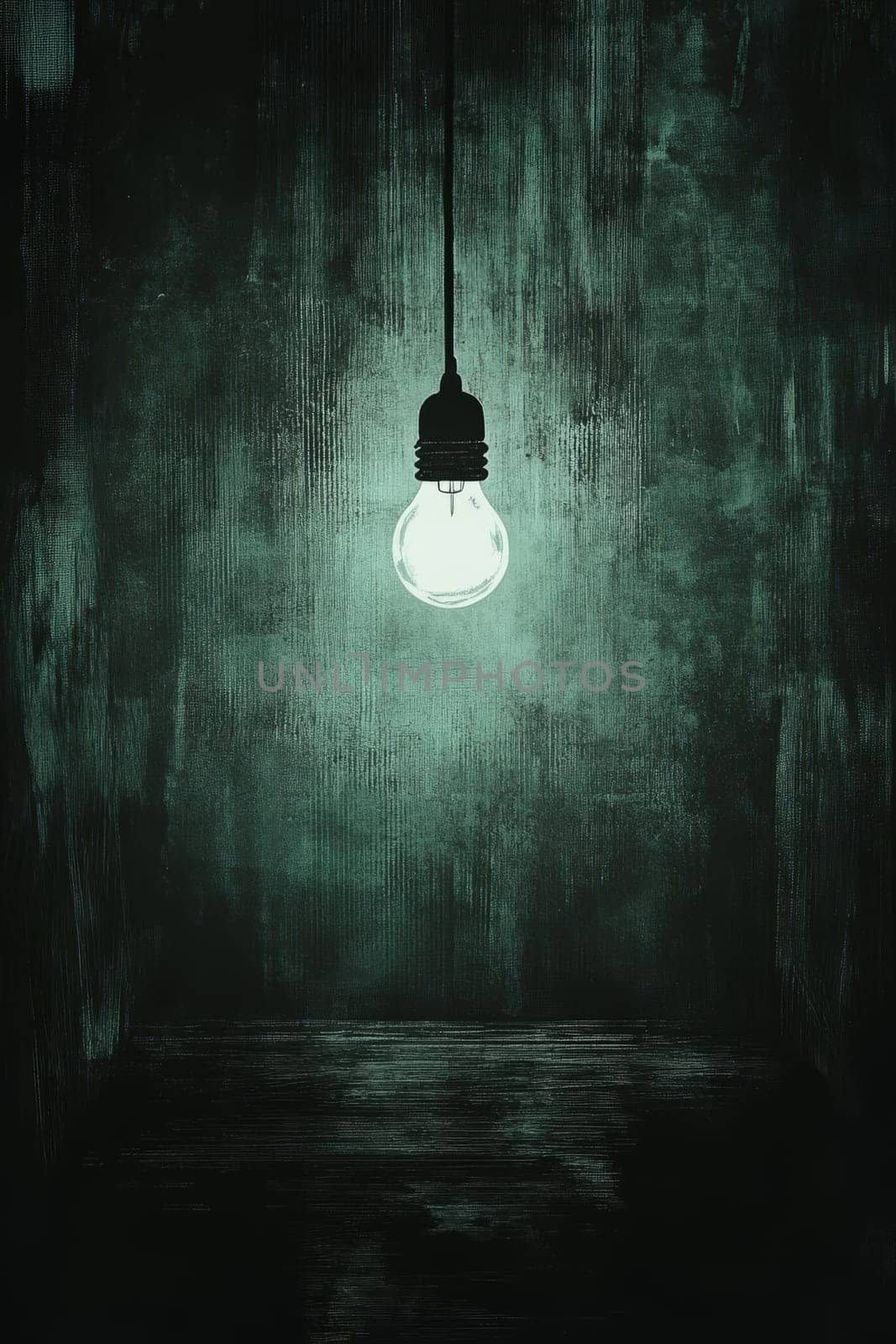 A single light bulb hangs in a dark, textured room, casting an eerie glow and creating a mysterious atmosphere.