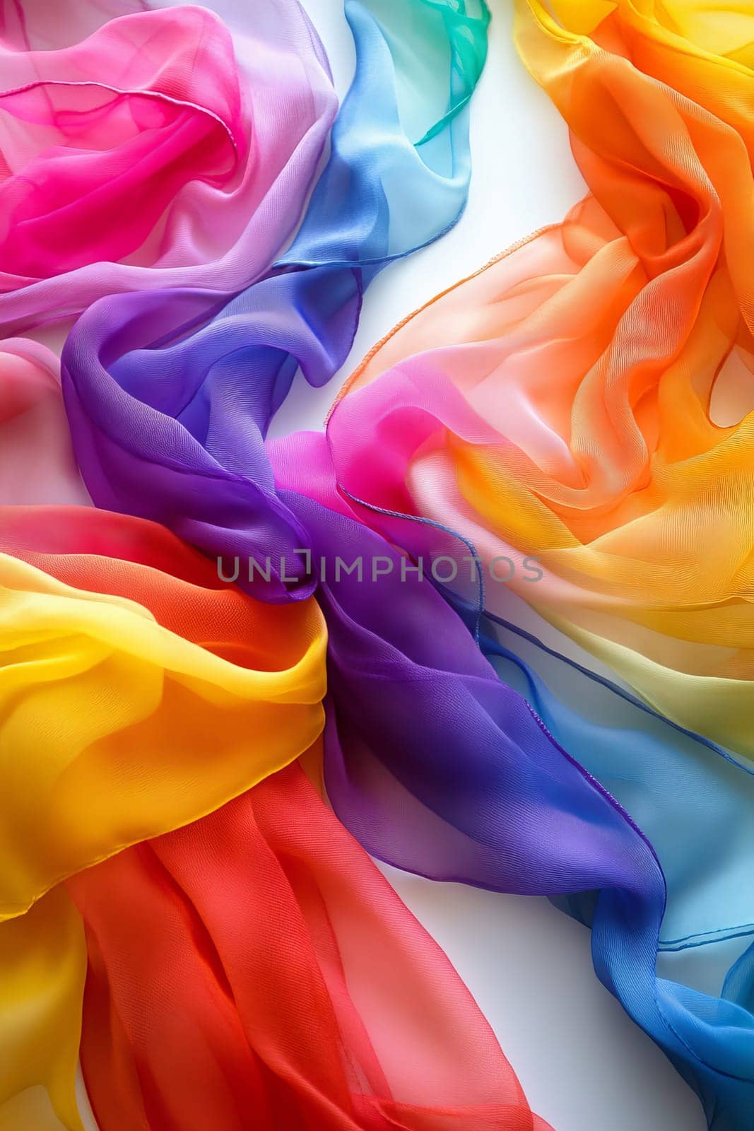 Brightly colored fabric in rainbow hues creates a dynamic and vibrant abstract background, perfect for creative projects.