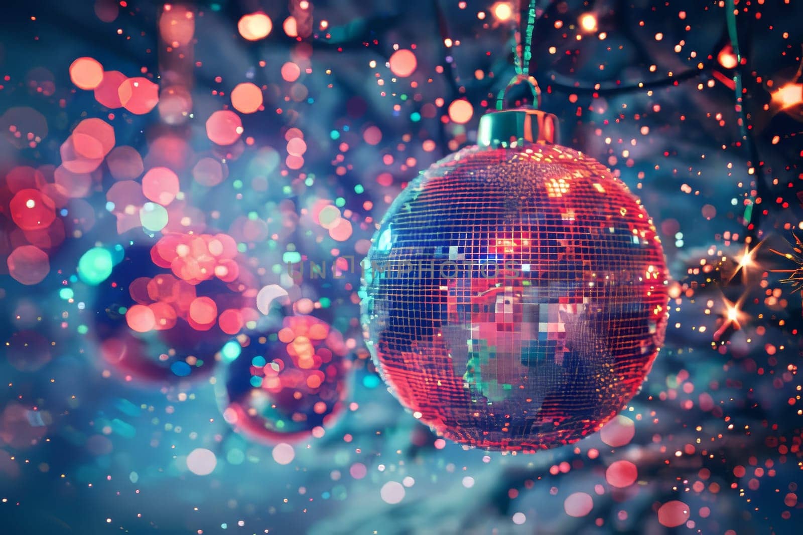 Shimmering Christmas ornament with vibrant bokeh lights, creating a festive and joyful holiday atmosphere.