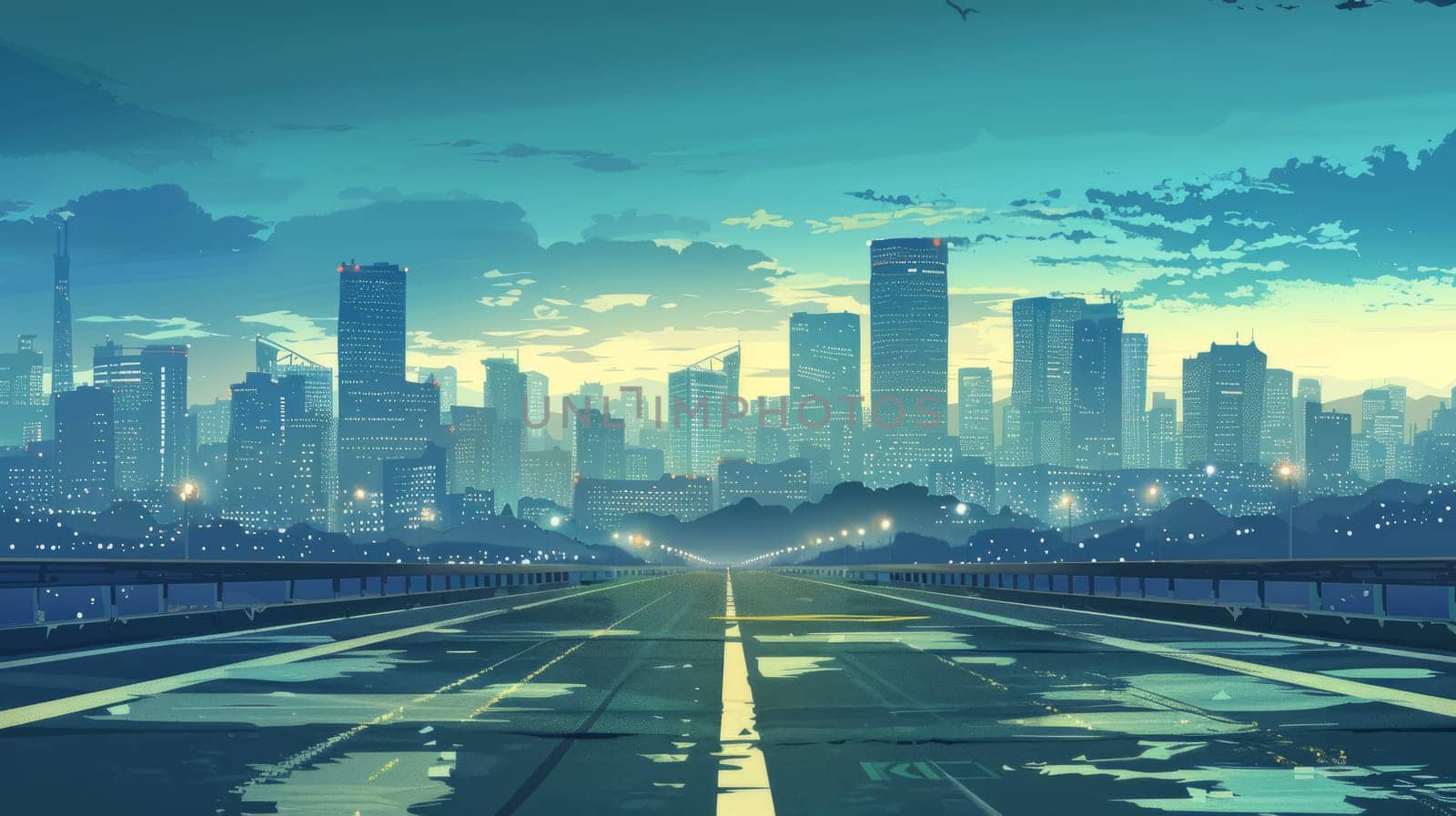 A cityscape with a bridge in the middle of the road. The sky is blue and the city is lit up at night