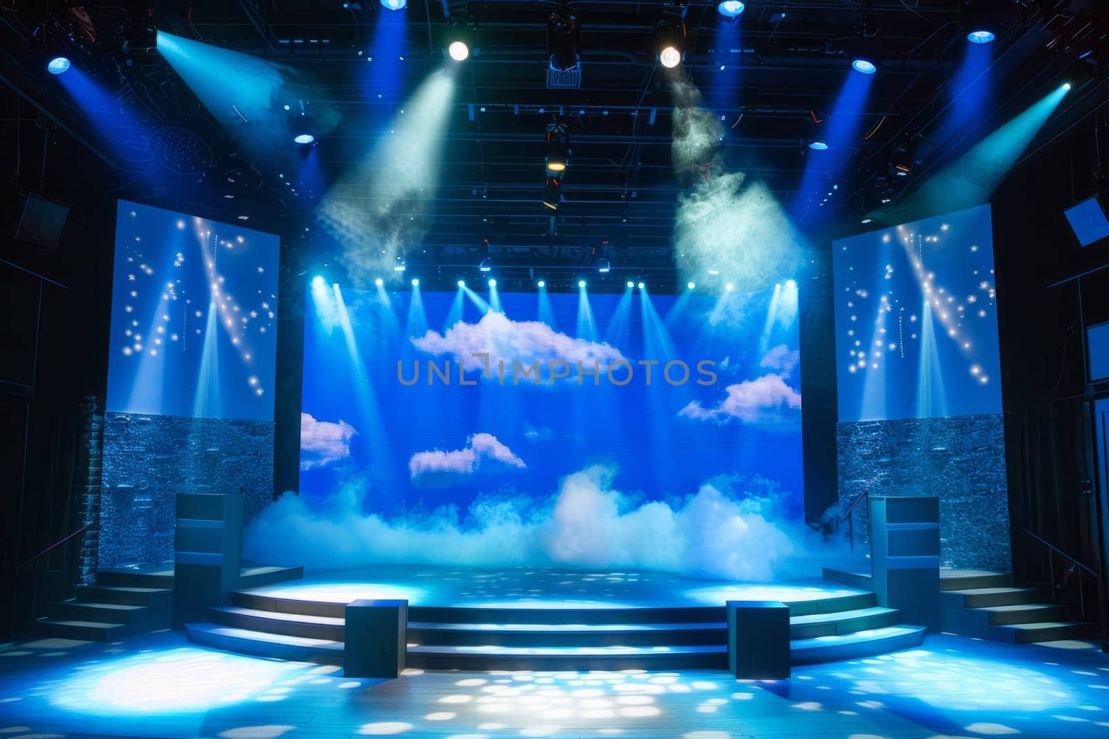 A vibrant stage setup with dynamic lighting, cloud backdrop, and atmospheric effects, perfect for performances, events, and presentations.