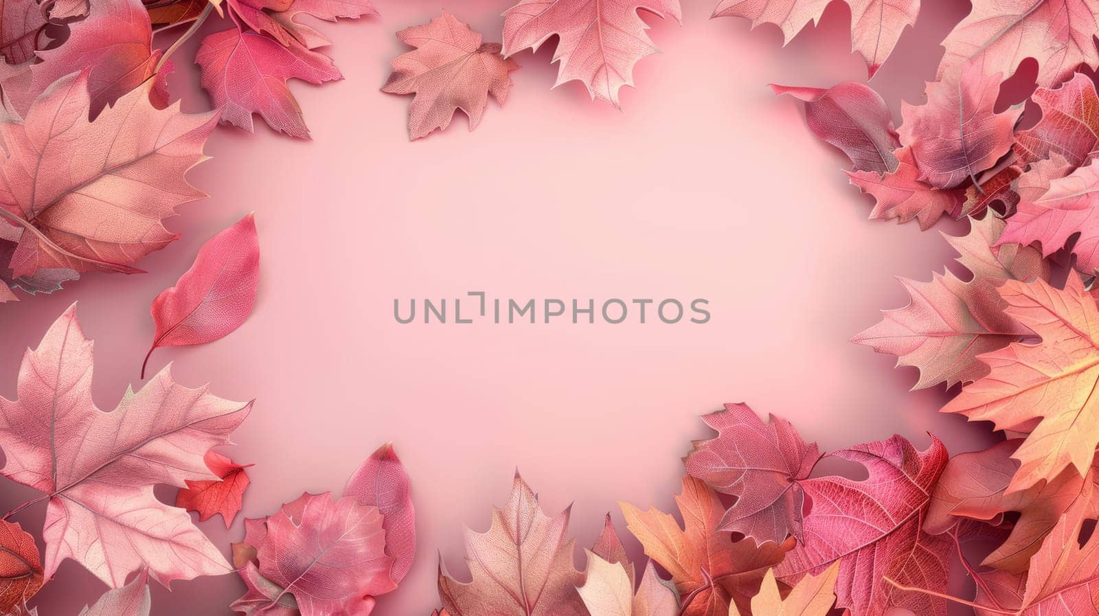 A pink background with a frame of red leaves. The leaves are arranged in a circle and are of different sizes