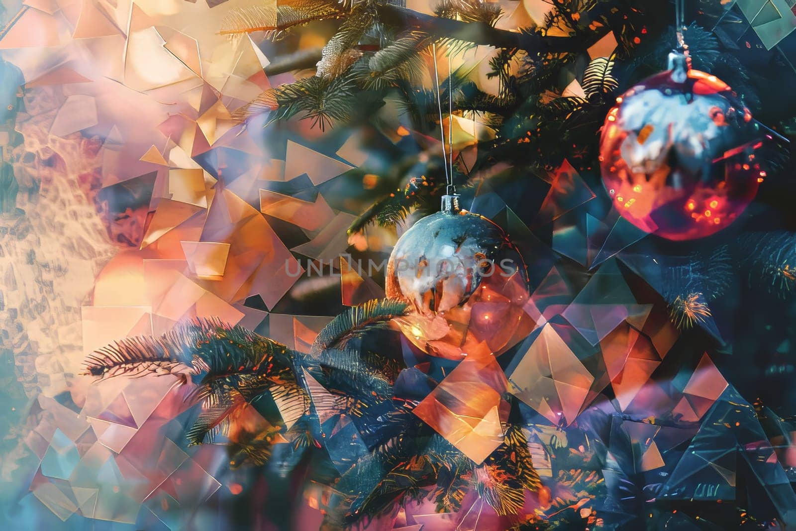 Vibrant Christmas ornaments on a tree with abstract geometric light effects, creating a festive holiday atmosphere.