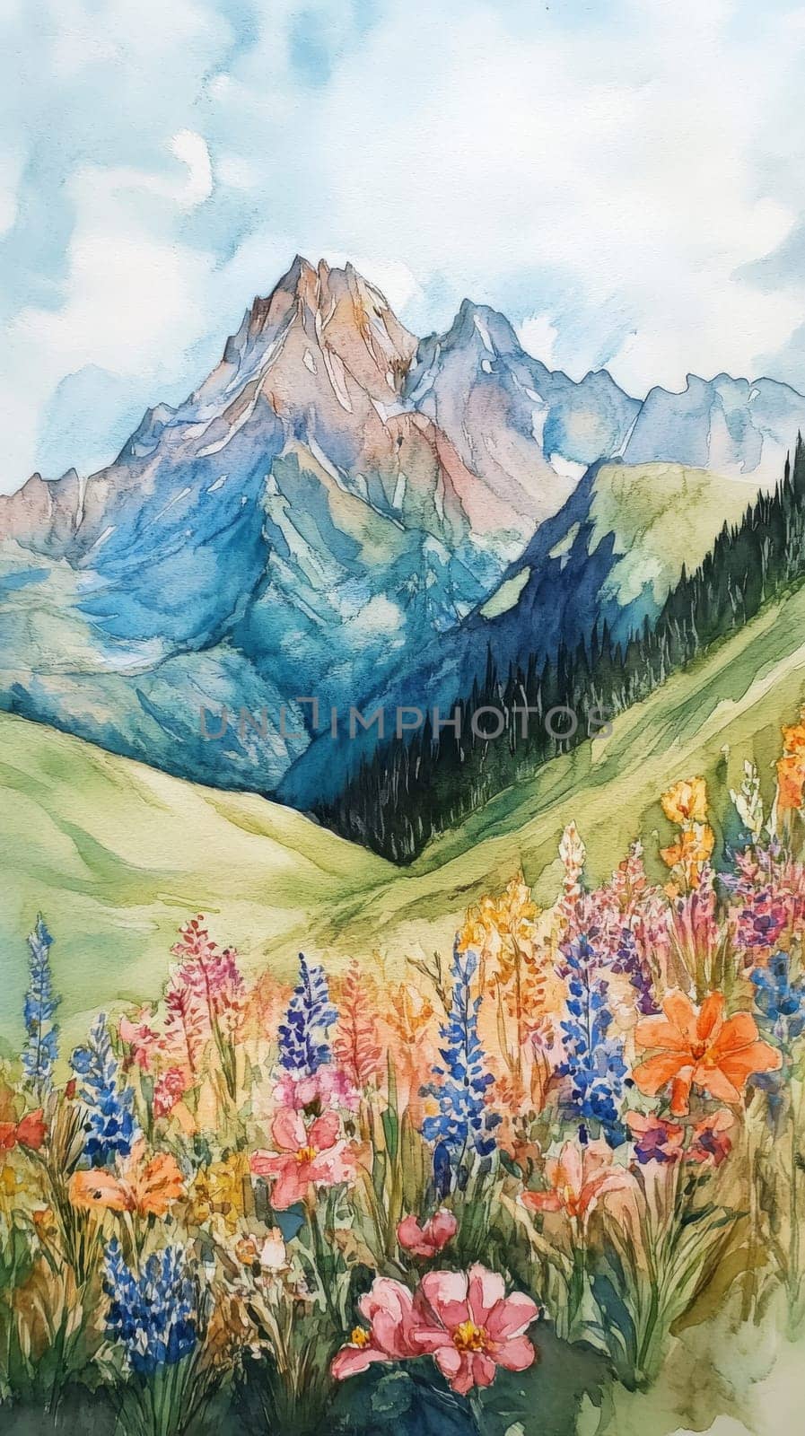 Beautiful watercolor painting of mountains and colorful wildflowers, capturing the essence of nature's tranquility.