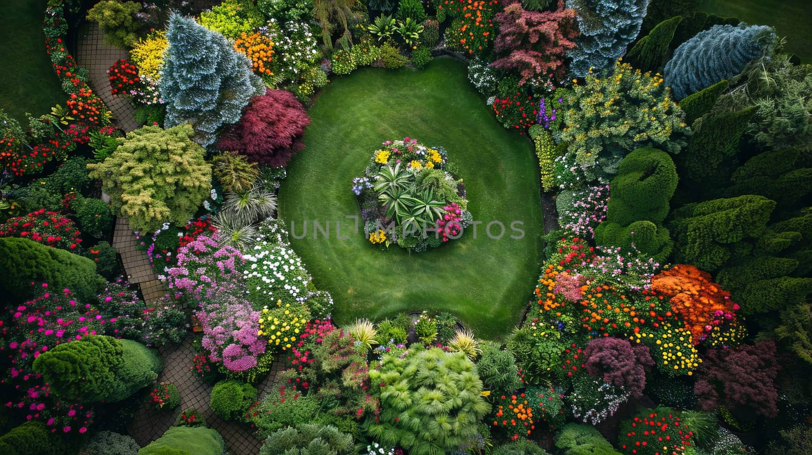 Stunning aerial shot of a beautifully landscaped garden showcasing a variety of colorful flowers and lush greenery.