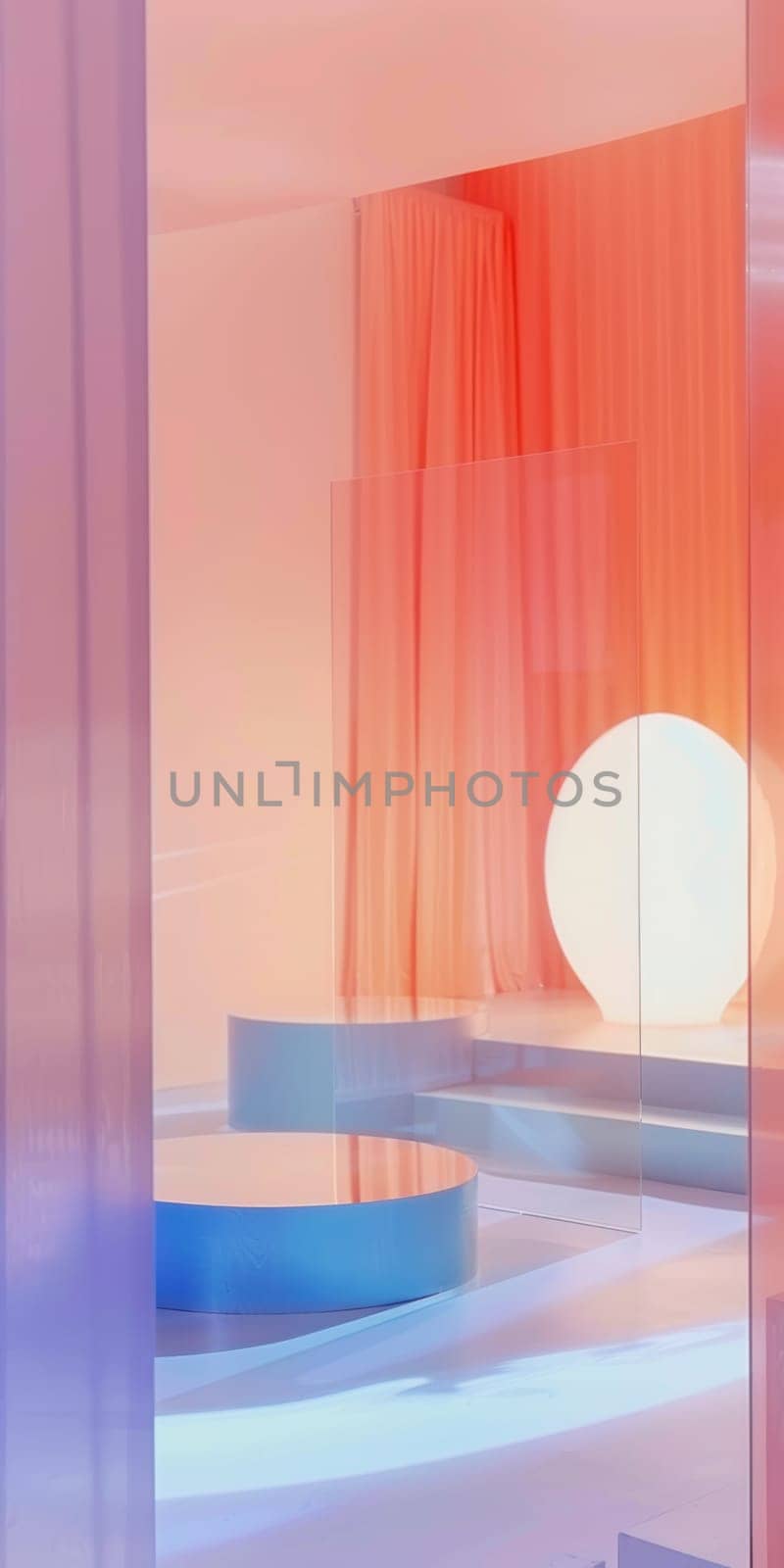 A modern minimalist interior with pastel colors, geometric shapes, and a large circular light fixture, creating a serene and stylish atmosphere.