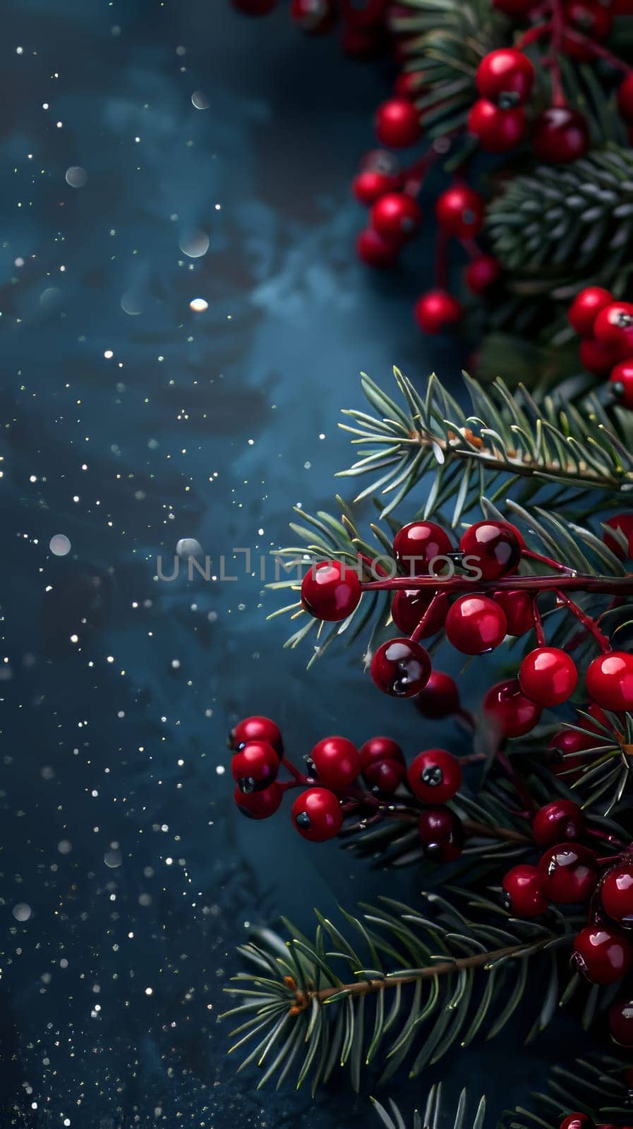 Close-up of red berries and evergreen branches with snowflakes, creating a festive holiday atmosphere.