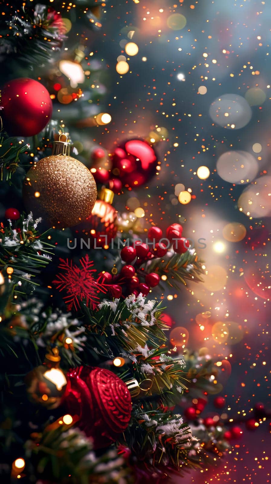 Close-up of a decorated Christmas tree with red and gold ornaments, surrounded by glowing lights and festive bokeh.