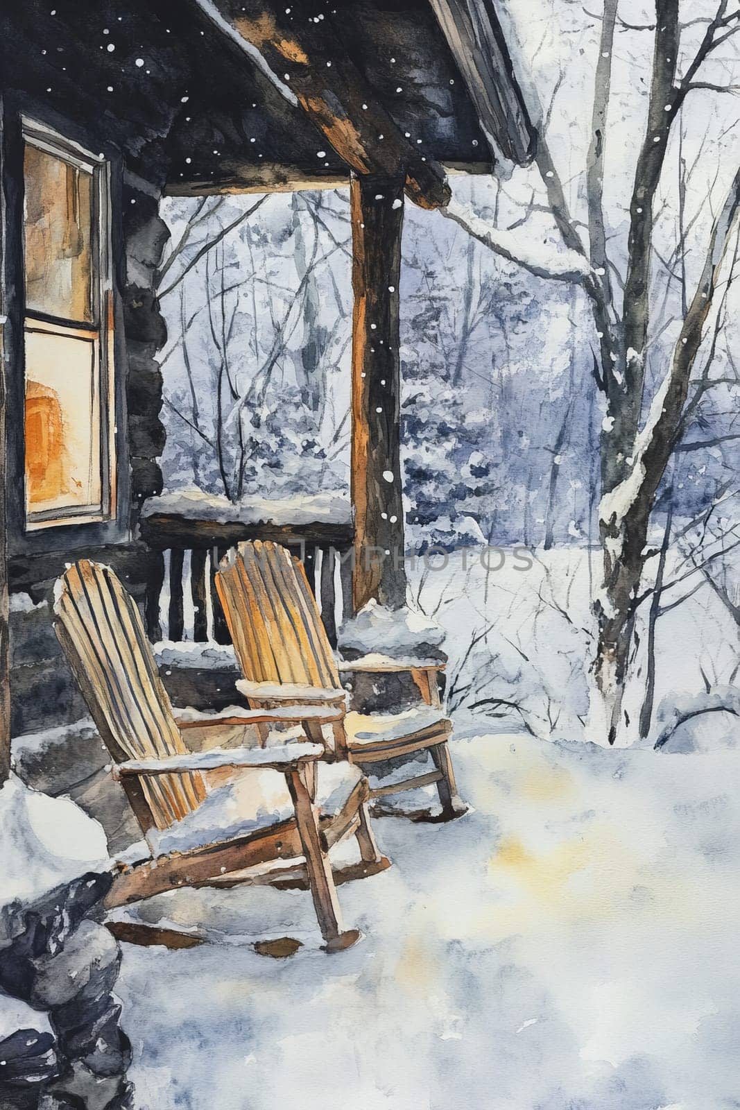 A tranquil winter scene featuring a rustic cabin porch with wooden chairs, surrounded by a snowy forest.