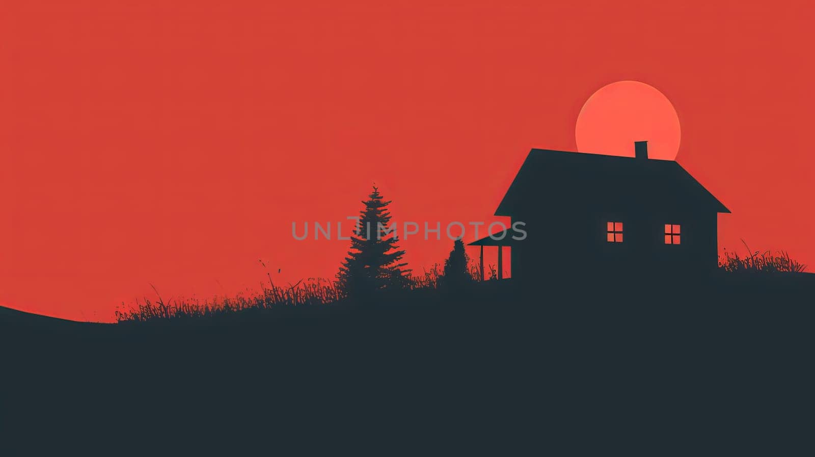 A house is on a hill with a tree in front of it. The house is small and has a porch. The sky is red and the sun is setting
