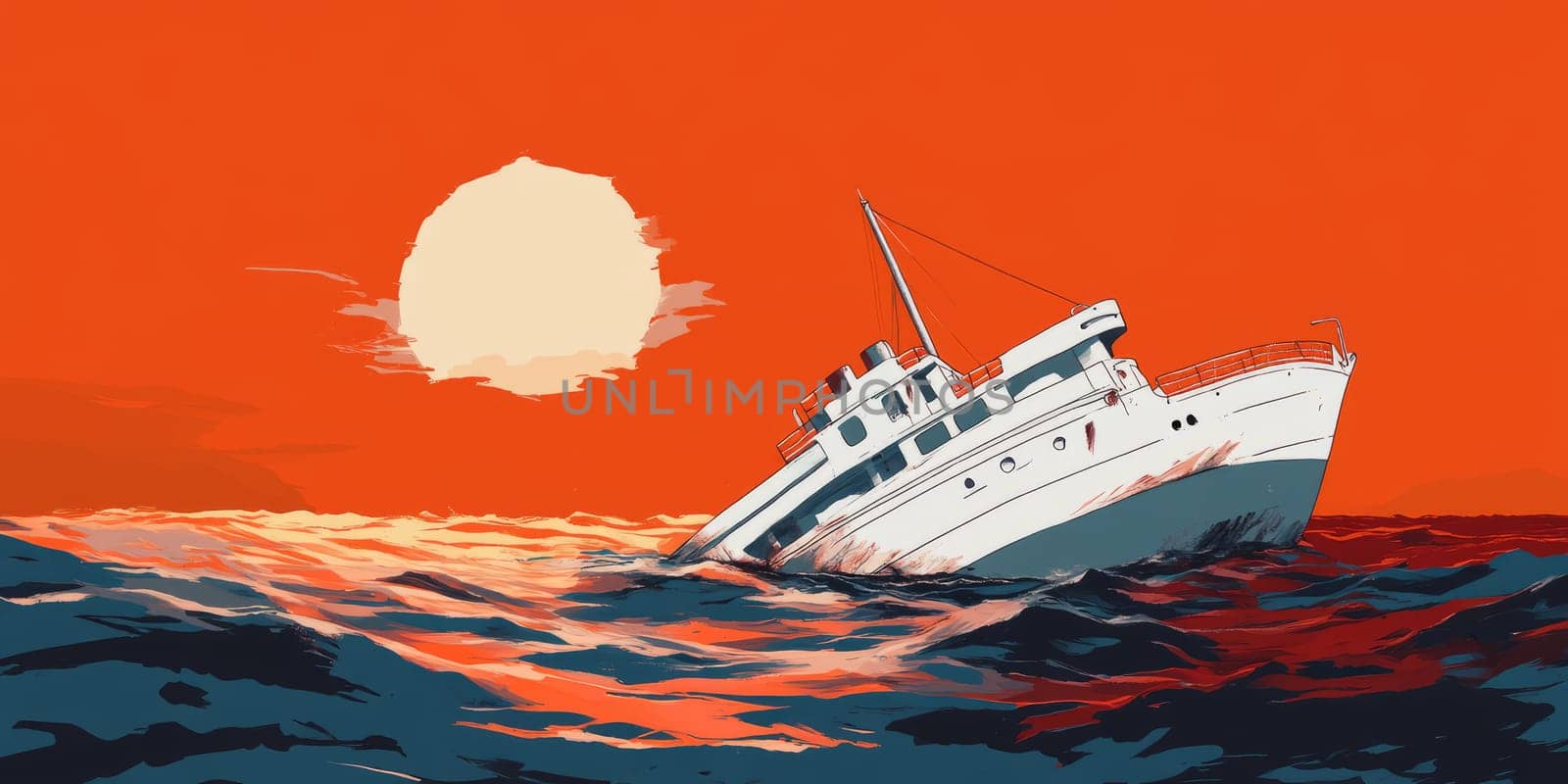 A ship is sinking in the ocean. The ship is white and is surrounded by water. The sky is orange and the sun is setting