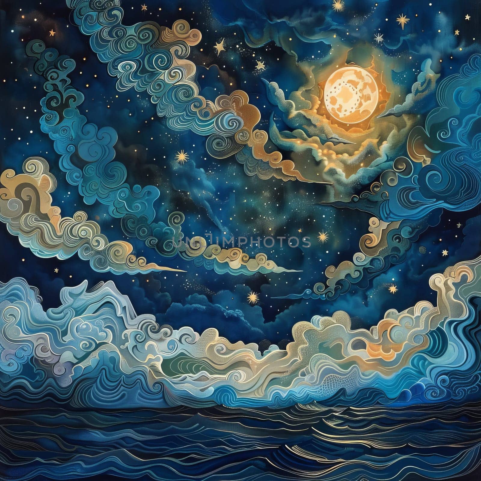 Whimsical illustration of a night sky with swirling clouds, stars, and a bright moon over the ocean, capturing a dreamy and artistic atmosphere.