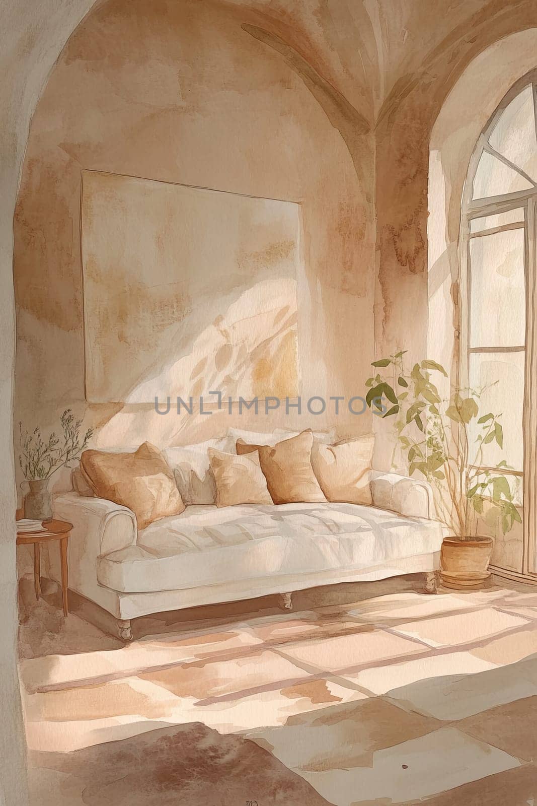 A serene living room featuring a plush sofa, soft lighting, and lush indoor plants, creating a warm and inviting atmosphere.