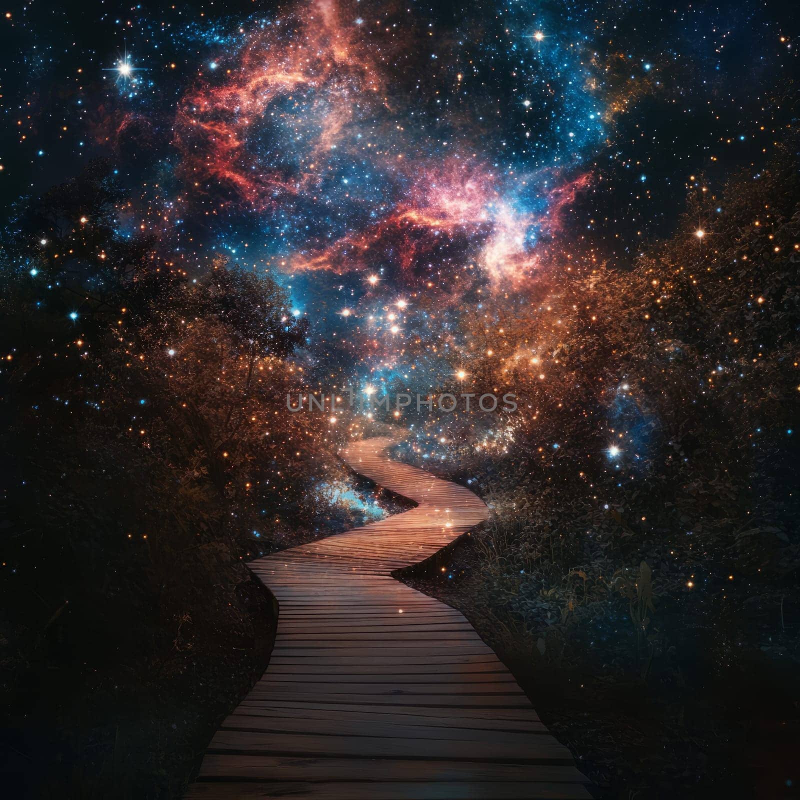 A magical wooden path winding through a forest, illuminated by a breathtaking starry sky and colorful nebulae.