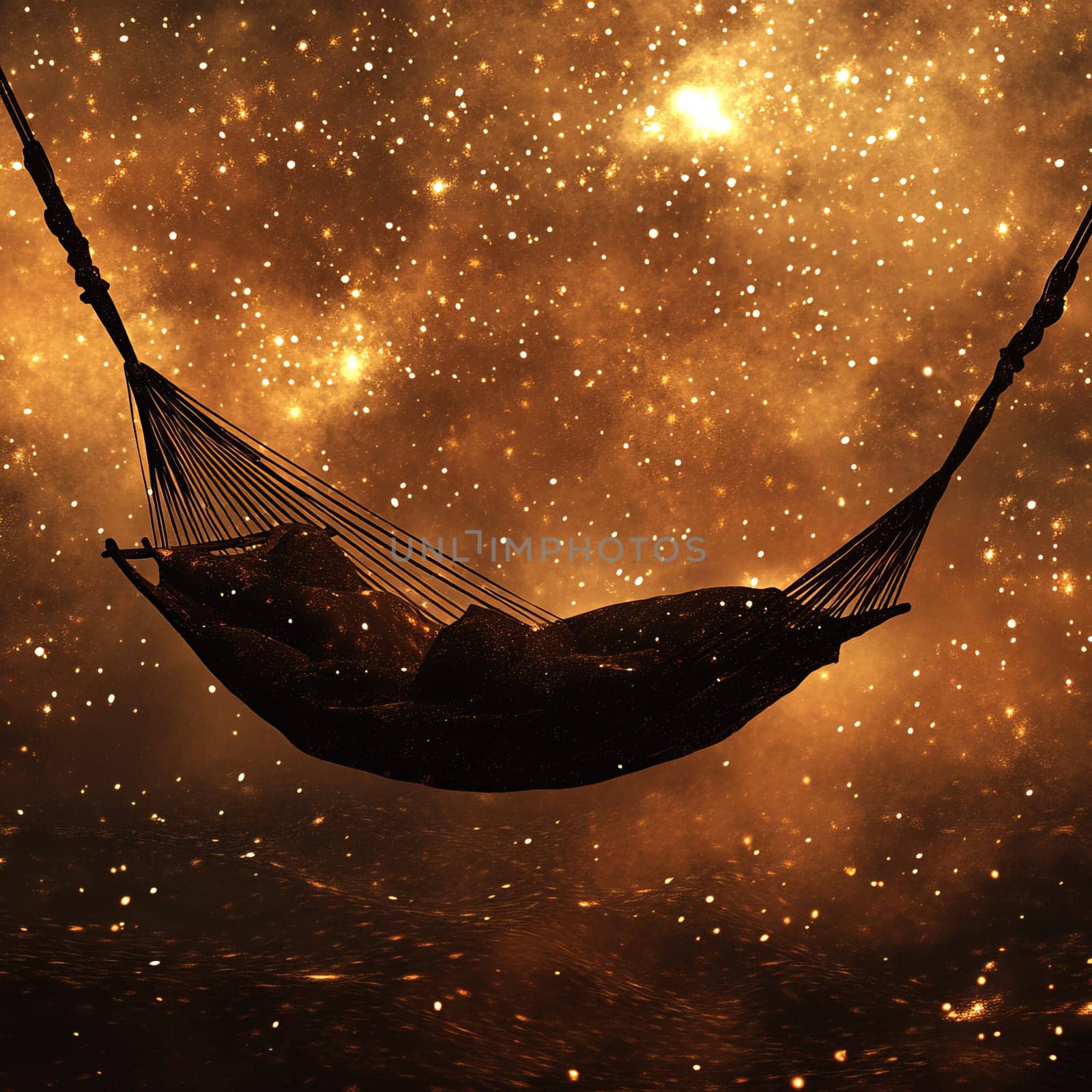 A person is laying in a hammock under a starry sky. The hammock is suspended in the air, and the stars are scattered all around it. The scene has a peaceful and relaxing mood