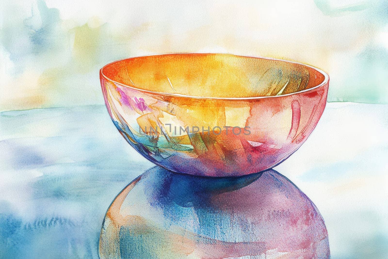 A vivid watercolor painting of a colorful bowl reflecting on a glossy surface, showcasing abstract artistry and vibrant hues.