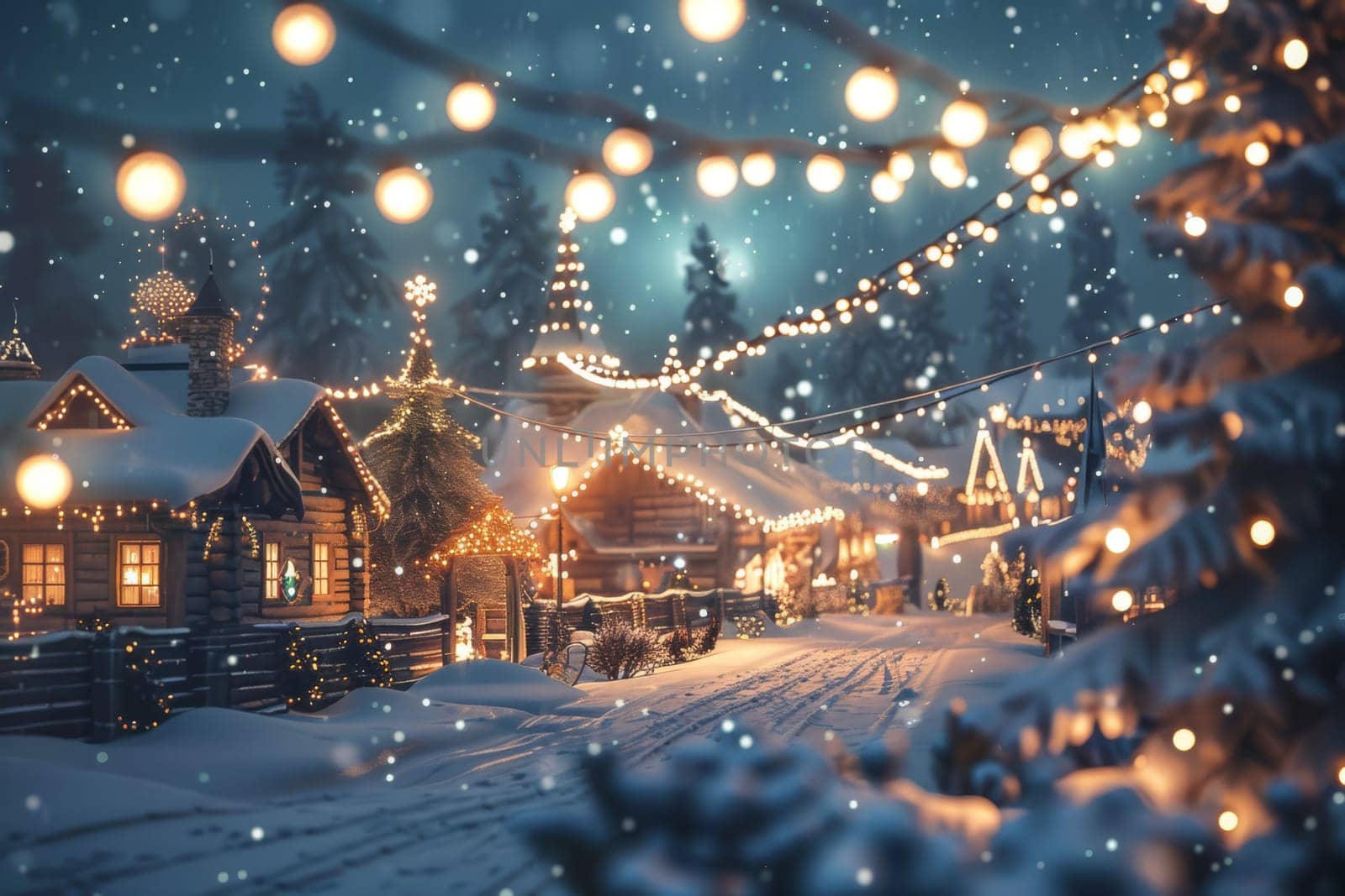 A magical winter village scene with snow-covered houses adorned with festive lights, creating a cozy and enchanting atmosphere.