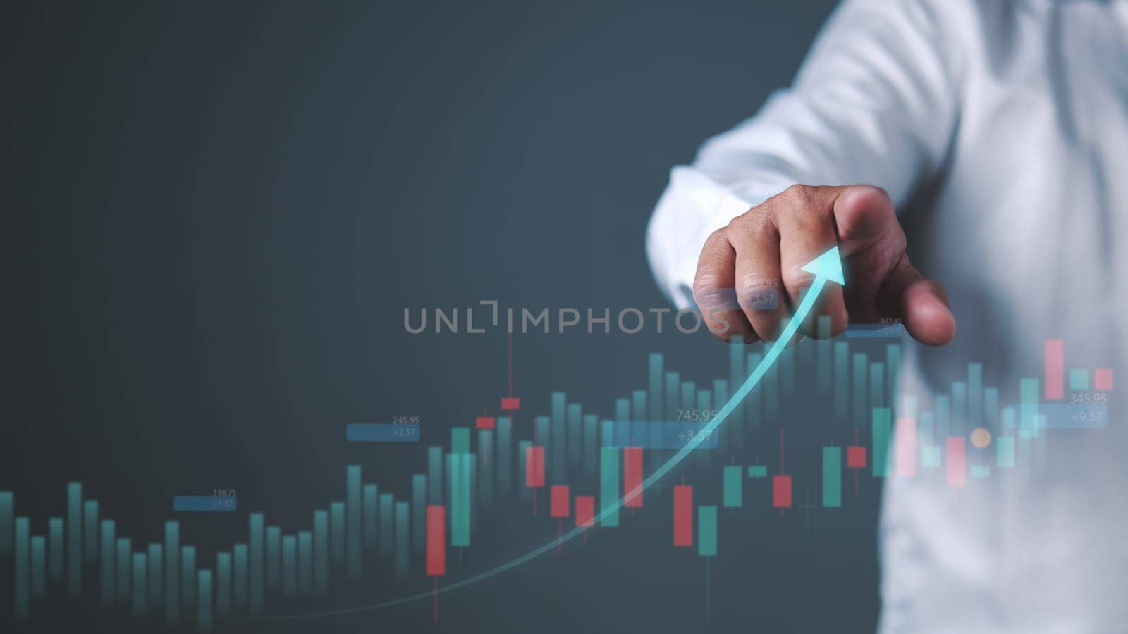 Financial graph analysis on virtual screen, Global business growth analysis and asset investment chart Business and Finance Up arrow Holographic economic chart, Stock market financial analysis graph.