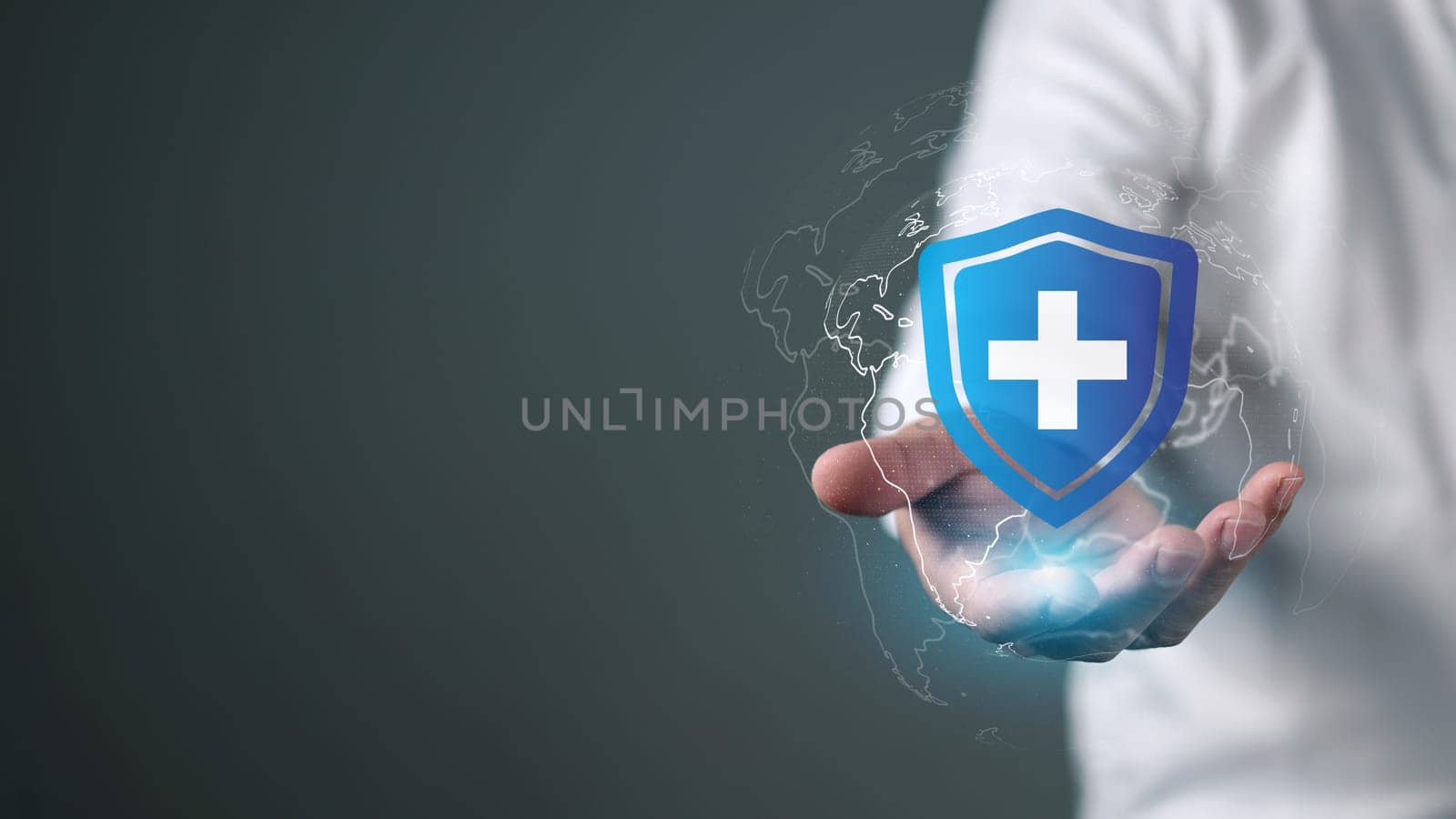 The concept of health insurance and medical welfare, Man is holding plus icon represents protection Receiving benefits, Health insurance and access to treatment, Health care planning