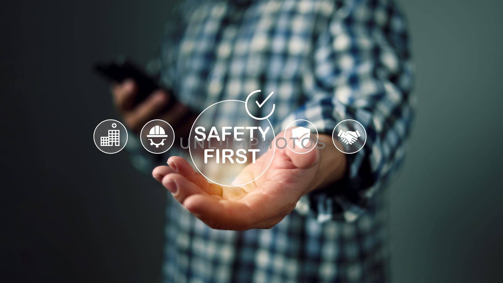 Concept safety first as a priority in professional environments, Safety first and work safety concept. Work safety concept, Safety first, Regulations and group insurance, Working standard process.