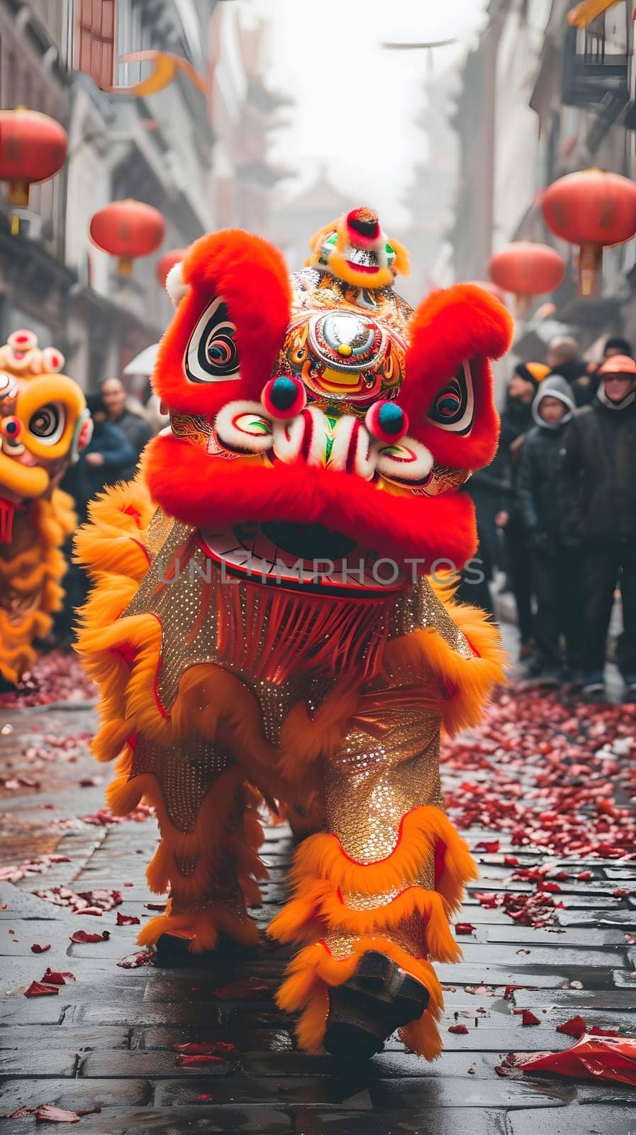 A dazzling lion dance performance captured during Chinese New Year celebrations. The vibrant costume and energetic movements fill the city streets.