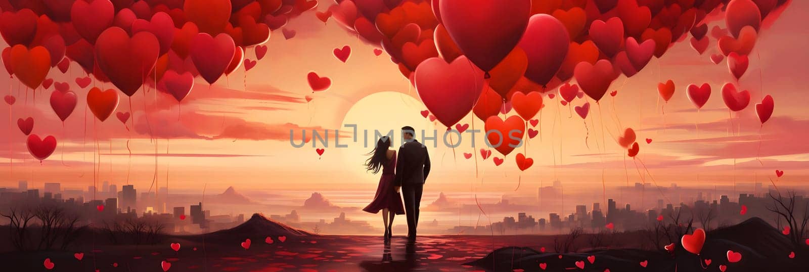 A couple stands hand-in-hand, silhouetted against a breathtaking sunset filled with heart-shaped balloons. A magical, romantic scene.