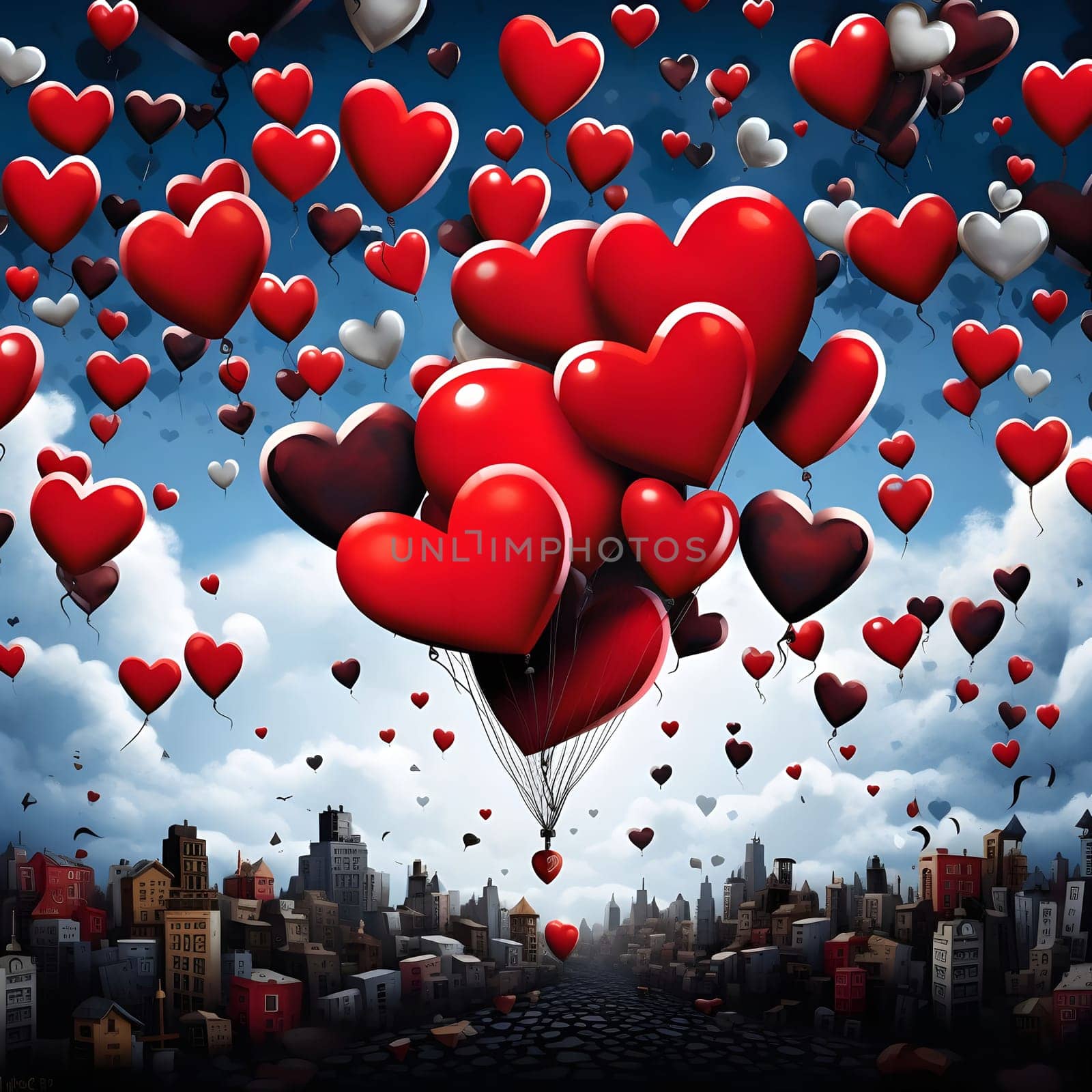 Heart-shaped balloons float over a city, a stunning Valentine's Day scene.