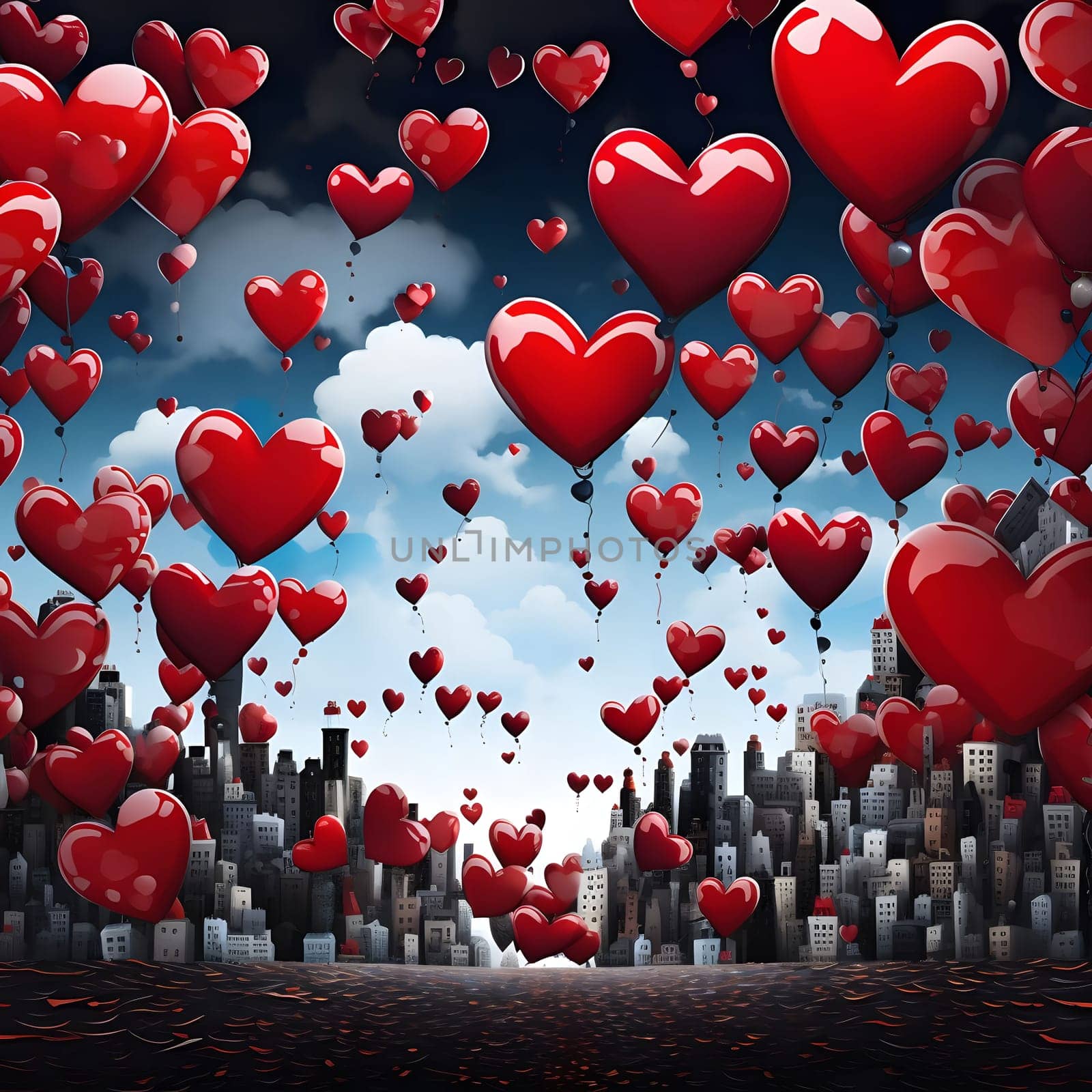 Red heart balloons float over a cityscape, creating a romantic and joyful atmosphere.