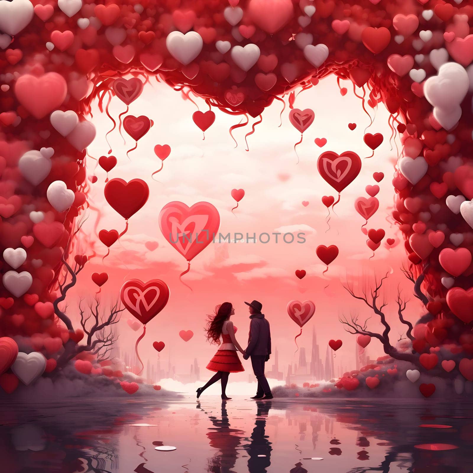 A couple stands hand in hand in a dreamy landscape filled with red and white heart-shaped balloons.