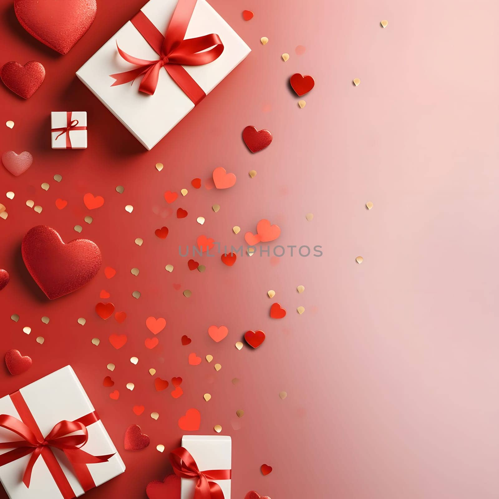 Red hearts and gifts on a red background. Perfect for Valentine's Day.