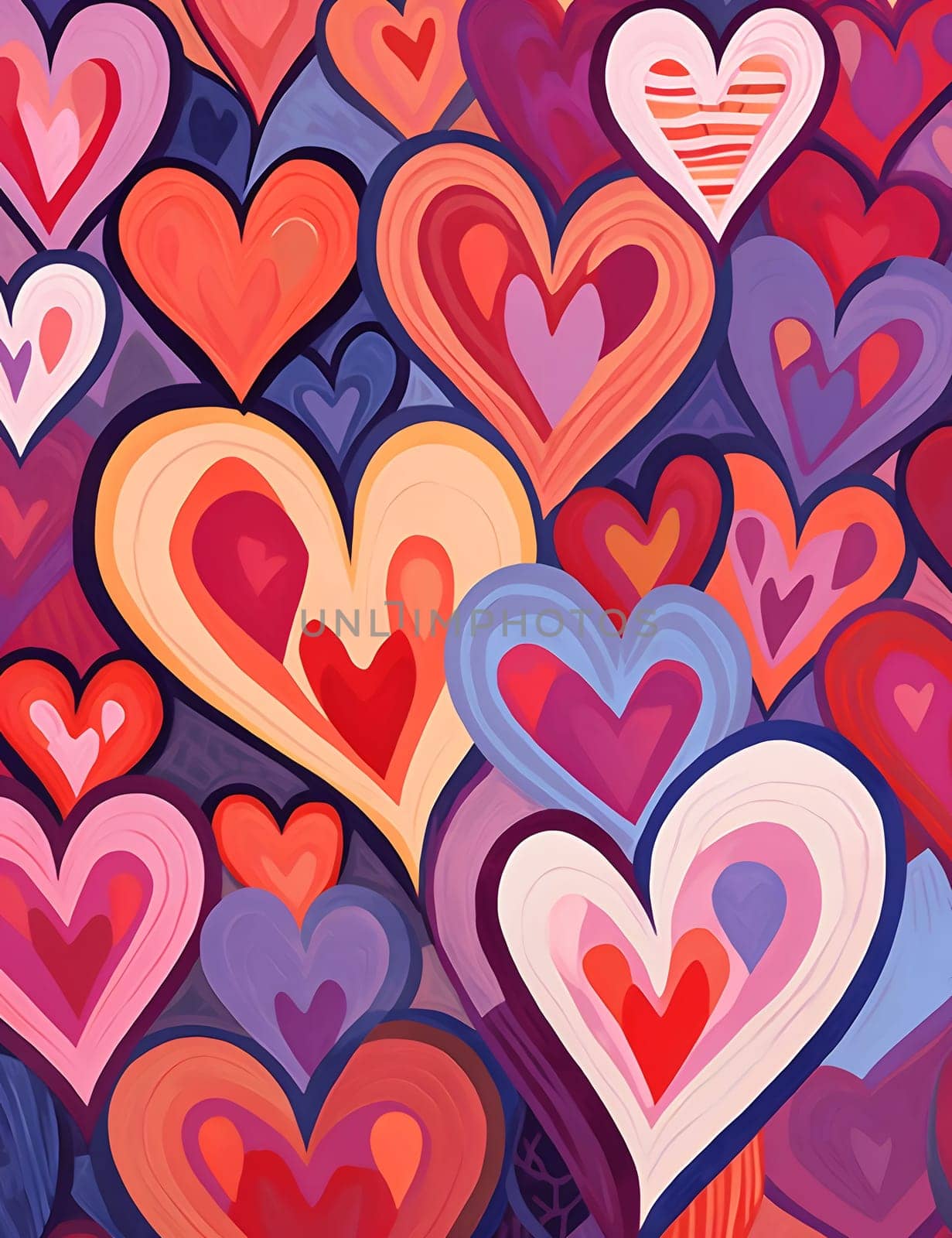 An abstract painting featuring a multitude of colorful hearts in varying shades and sizes, creating a vibrant and visually captivating piece of art.