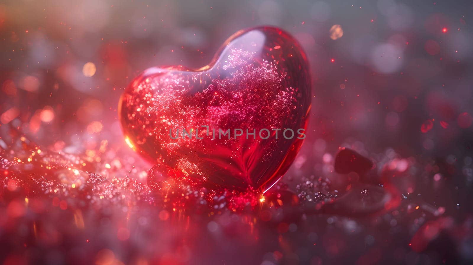 A stunning close-up of a red glass heart, symbolizing love and passion. The image features sparkling details, creating a romantic and warm atmosphere.