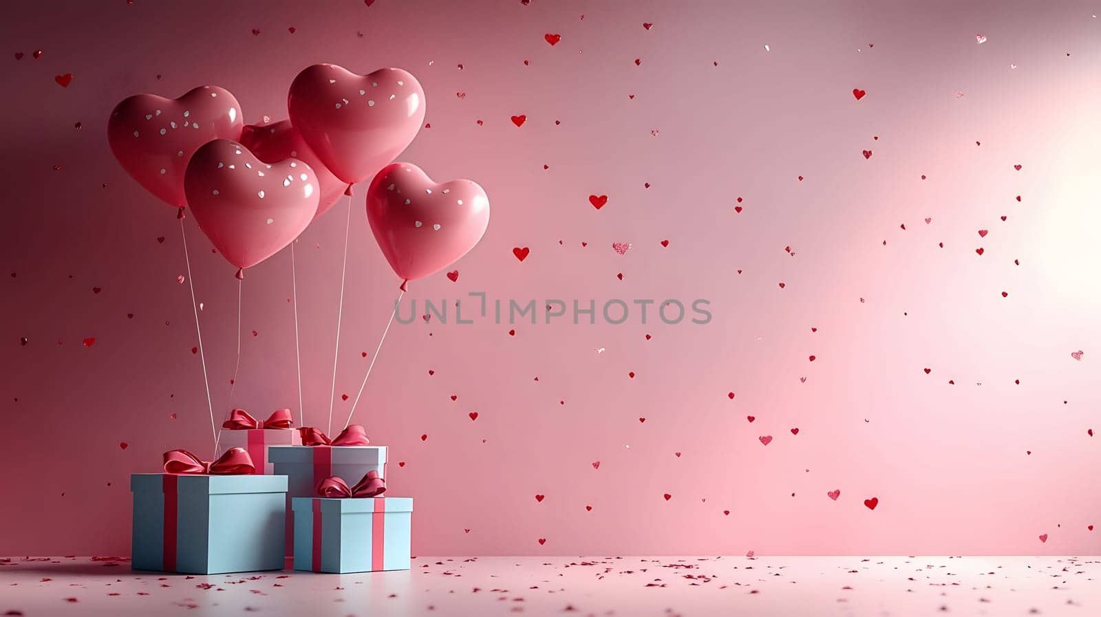 Heart-shaped balloons float above gifts, creating a romantic Valentine's Day scene. Pink and red confetti adds to the festive atmosphere.